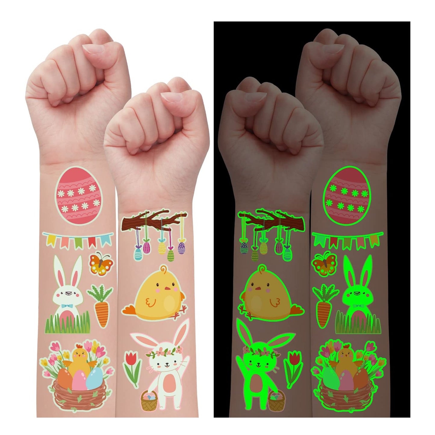 Glow Eggs & Chicks Sticker Pack - 100 Styles Luminous Temporary Tattoos for Kids, Party Supplies Goodie Bags Stuffers & Basket Gifts