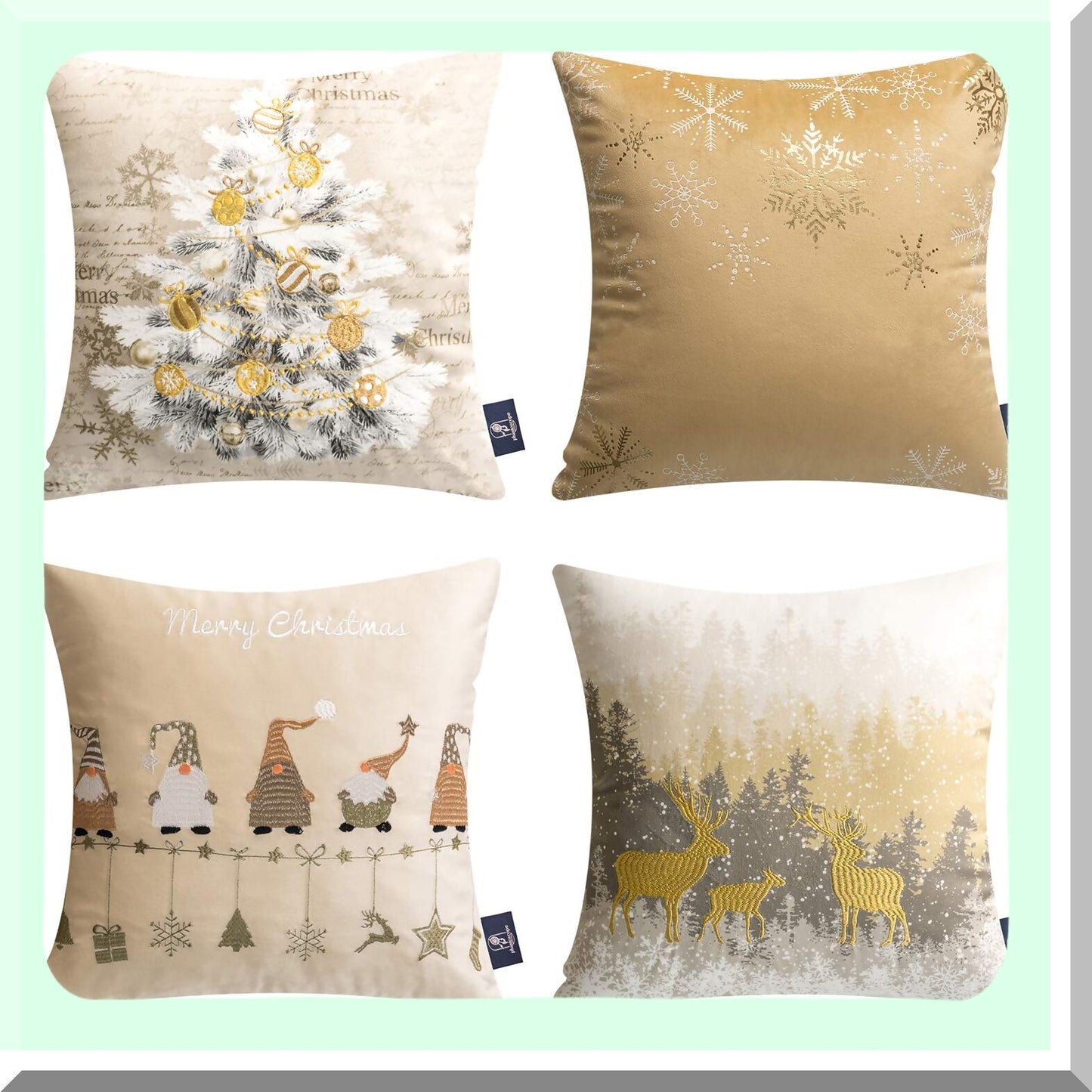 Festive Velvet Snowflake Throw Pillow Set - Xmas Decorative Cushion Covers with Trees, Elves, and Elk - Beige & Gold - 18x18 inches - Pack of 4