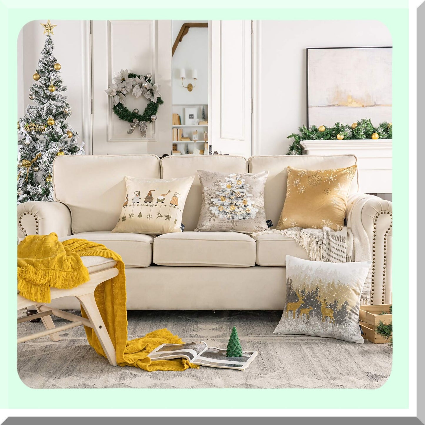 Festive Velvet Snowflake Throw Pillow Set - Xmas Decorative Cushion Covers with Trees, Elves, and Elk - Beige & Gold - 18x18 inches - Pack of 4