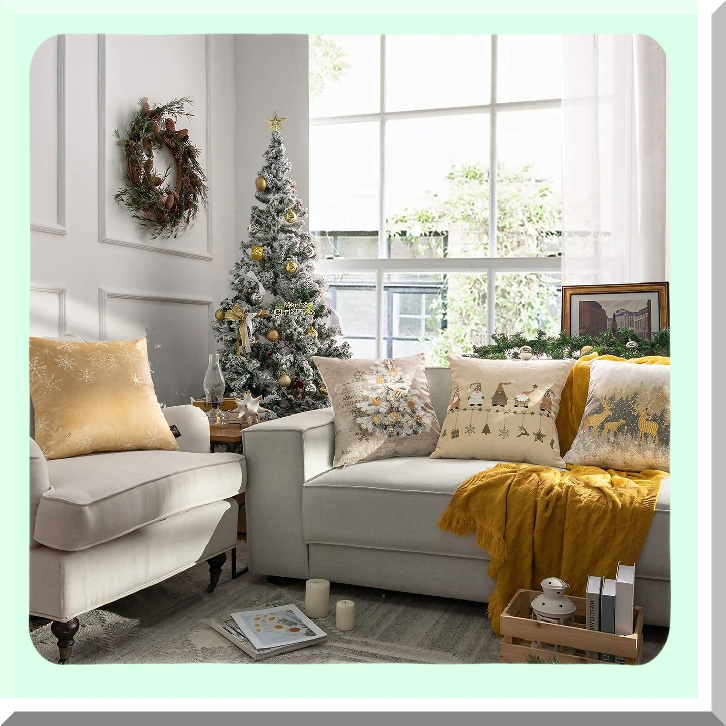 Festive Velvet Snowflake Throw Pillow Set - Xmas Decorative Cushion Covers with Trees, Elves, and Elk - Beige & Gold - 18x18 inches - Pack of 4