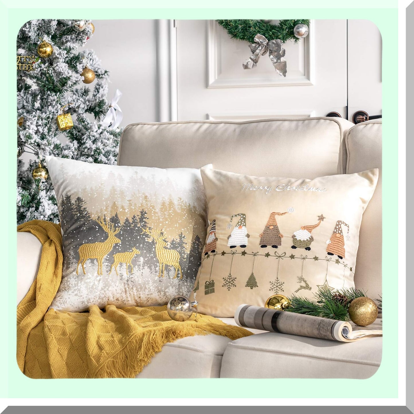 Festive Velvet Snowflake Throw Pillow Set - Xmas Decorative Cushion Covers with Trees, Elves, and Elk - Beige & Gold - 18x18 inches - Pack of 4