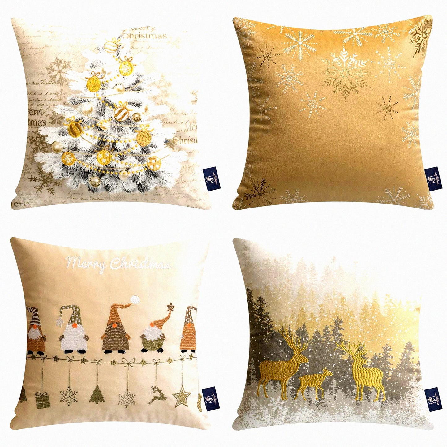 Festive Velvet Snowflake Throw Pillow Set - Xmas Decorative Cushion Covers with Trees, Elves, and Elk - Beige & Gold - 18x18 inches - Pack of 4