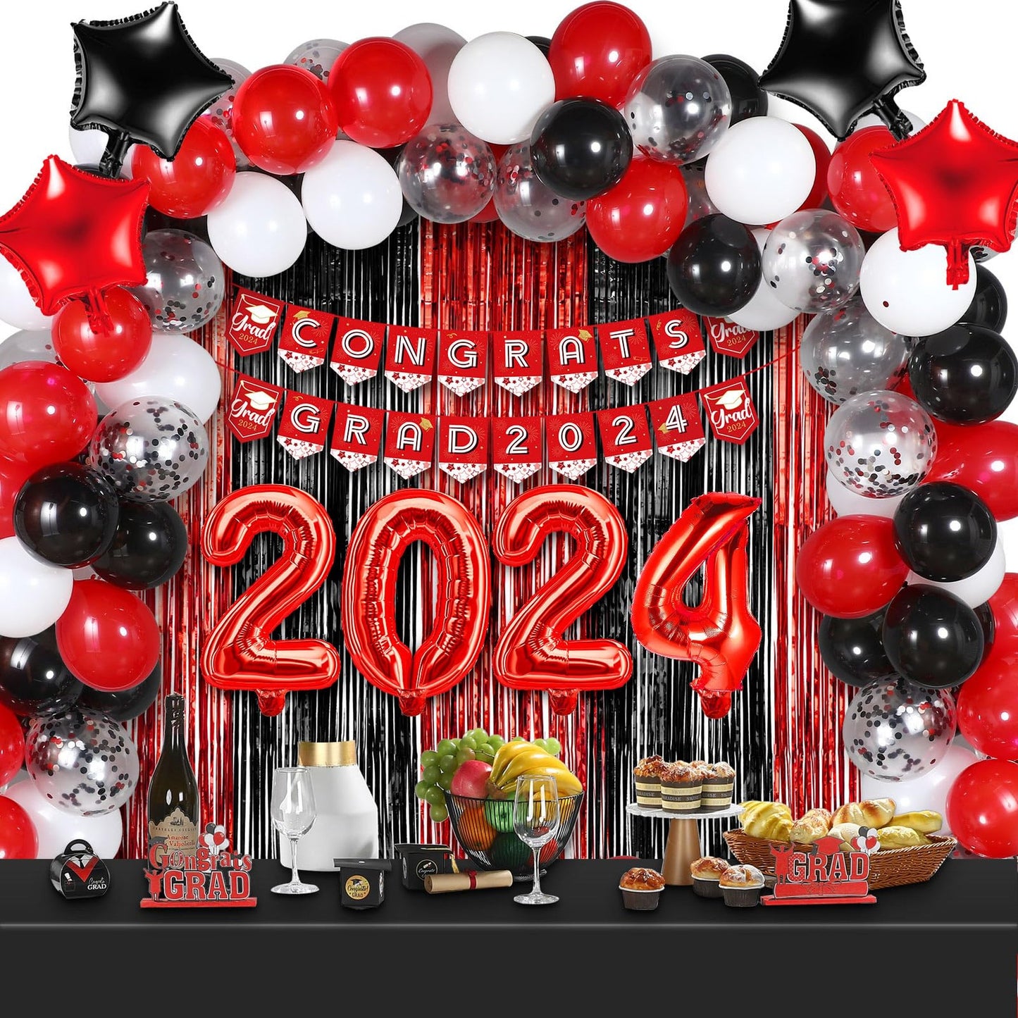 2024 Grad Bash Kit - Congrats Banner, Star Balloons, Fringe Curtain, Tablecloth & Confetti for College & High School Graduation Party Decor - Red, Black, Proud Theme