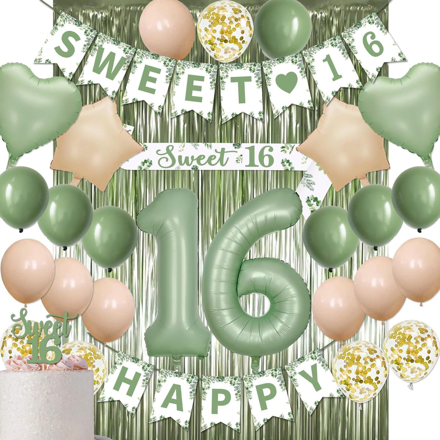 Sage Green Sweet 16 Party Pack - Complete 16th Birthday Decorations Set for Girls with Banner, Balloons, and Party Supplies - Her Birthday Bash Kit