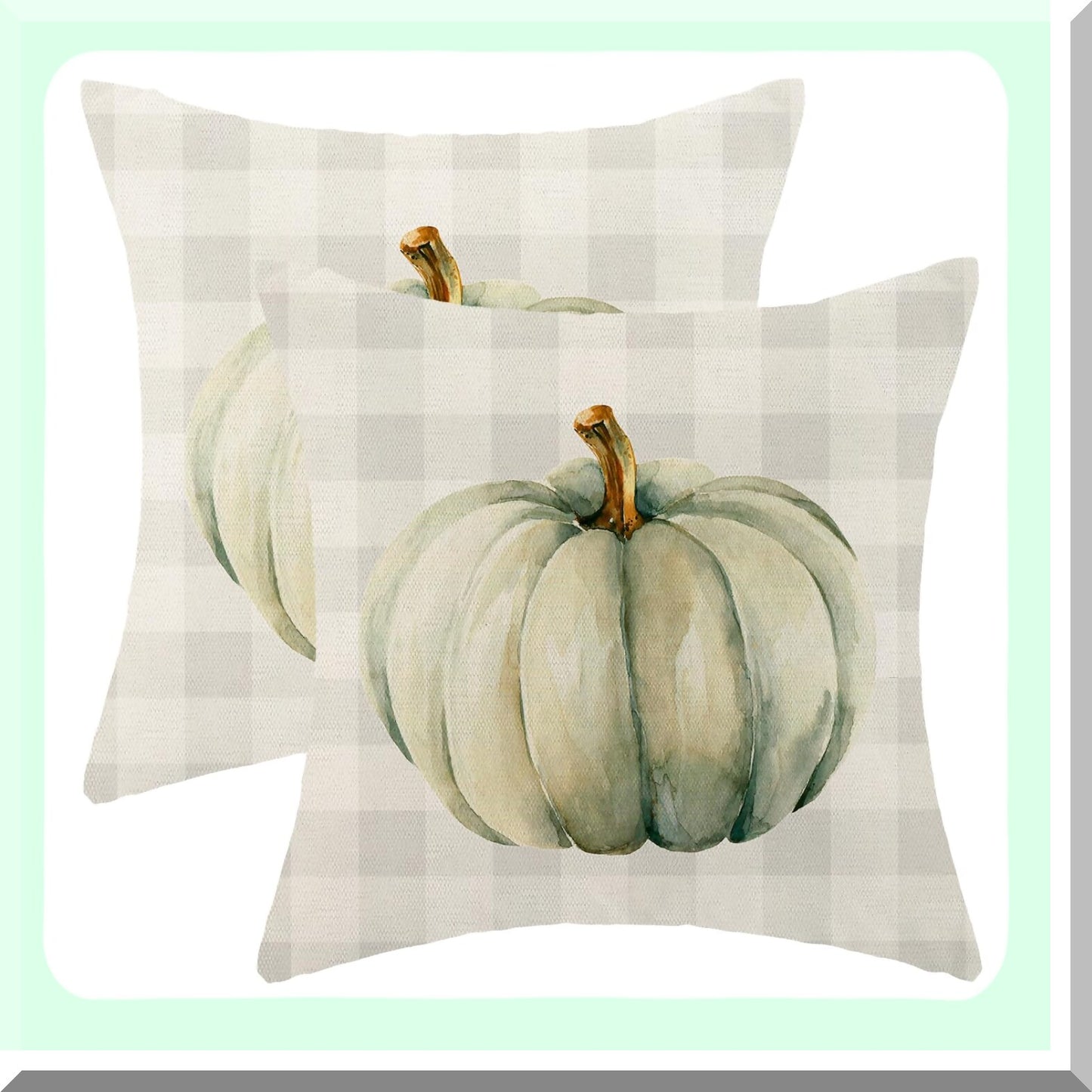 Autumn Harvest Pillow Covers Set - Cream Pumpkin & Buffalo Plaid Decorative Linen Throw Cushion Case 18x18 for Fall Thanksgiving Farmhouse Home