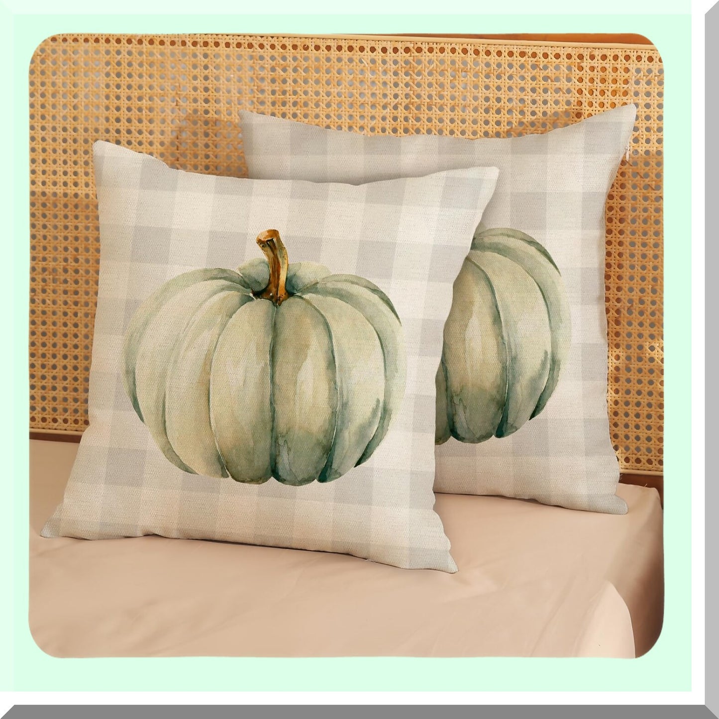 Autumn Harvest Pillow Covers Set - Cream Pumpkin & Buffalo Plaid Decorative Linen Throw Cushion Case 18x18 for Fall Thanksgiving Farmhouse Home