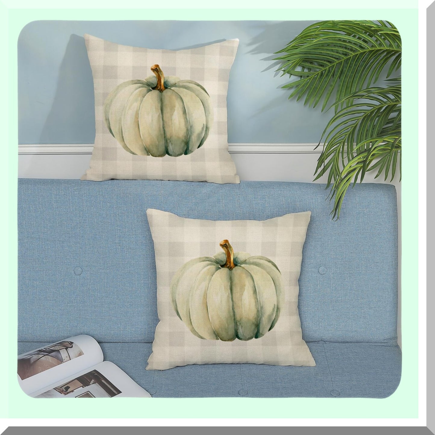 Autumn Harvest Pillow Covers Set - Cream Pumpkin & Buffalo Plaid Decorative Linen Throw Cushion Case 18x18 for Fall Thanksgiving Farmhouse Home