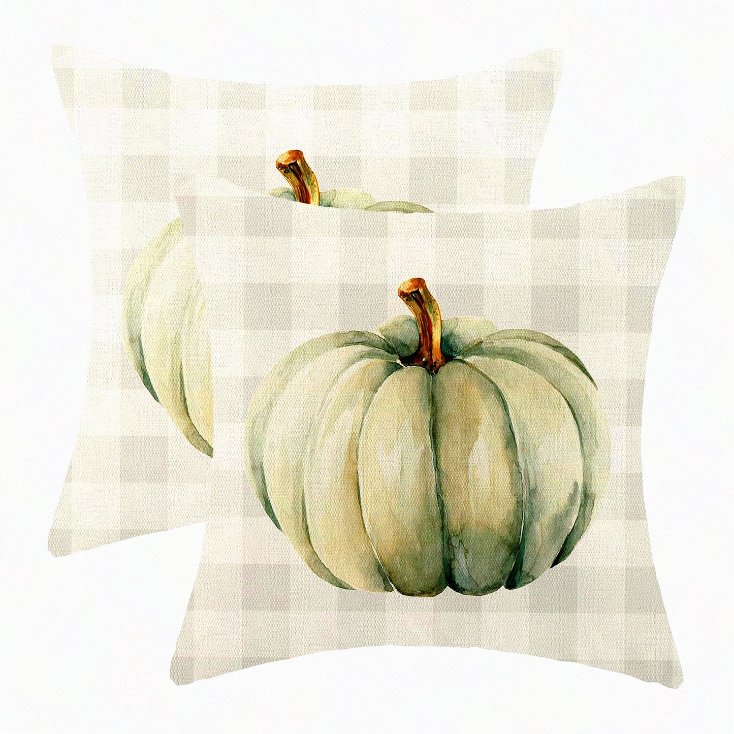 Autumn Harvest Pillow Covers Set - Cream Pumpkin & Buffalo Plaid Decorative Linen Throw Cushion Case 18x18 for Fall Thanksgiving Farmhouse Home