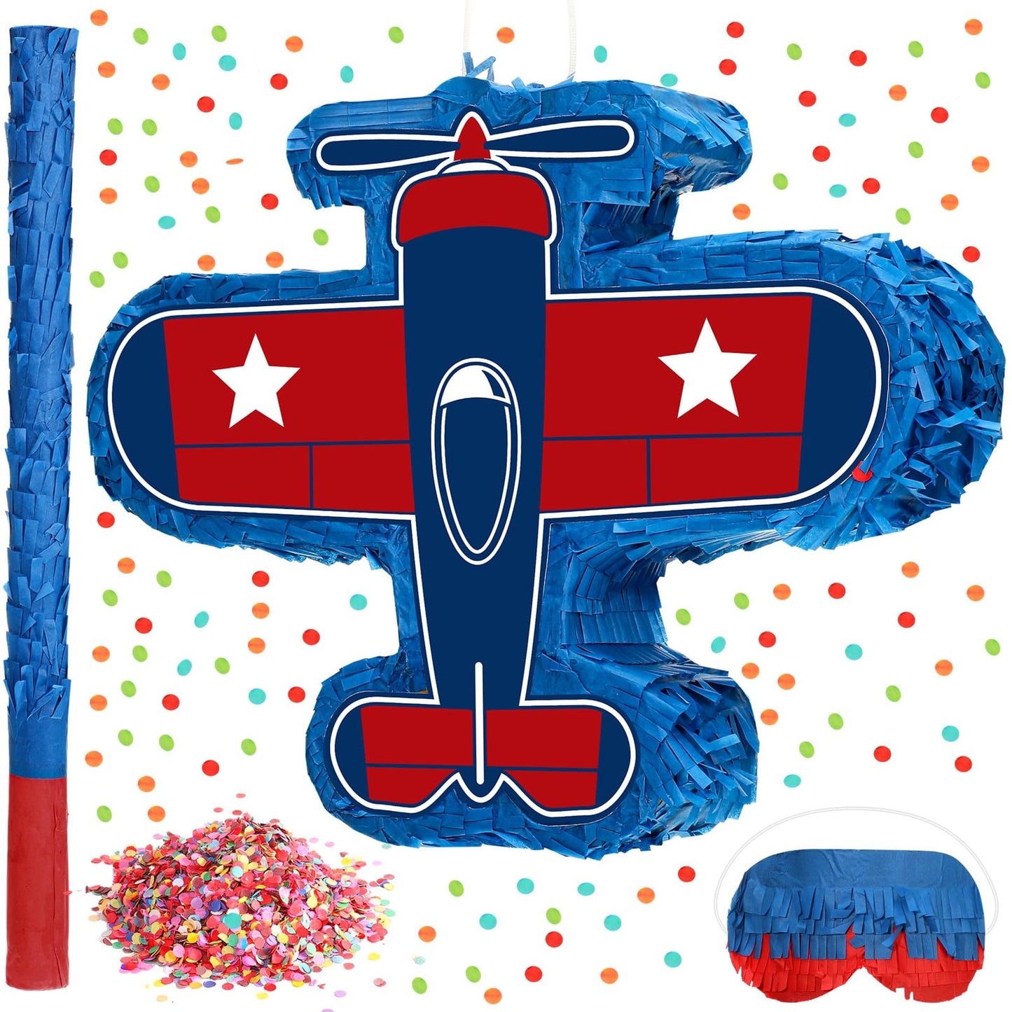 Airplane Blast Party Pack - 16 x 12 x 3 Inch Pinata Bundle with Stick, Blindfold, and Confetti. Perfect for Patriotic Birthday Parties for Boys and Girls!
