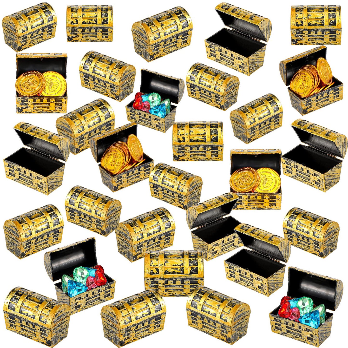 Pirate Gold Loot Chests - Set of 50 vintage plastic treasure chests for pirate-themed parties and games. Perfect for boys and girls birthday party favors!