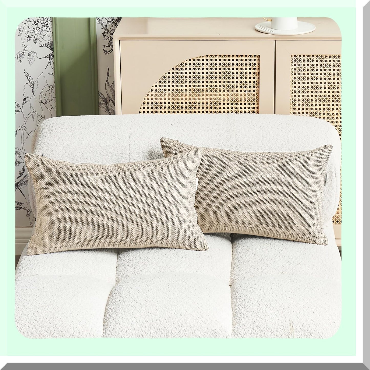 Linen Farmhouse Pillow Covers - Set of 2 Beige Rectangle Throw Pillowcases, Modern Decorative Solid Color 12x20 Inch