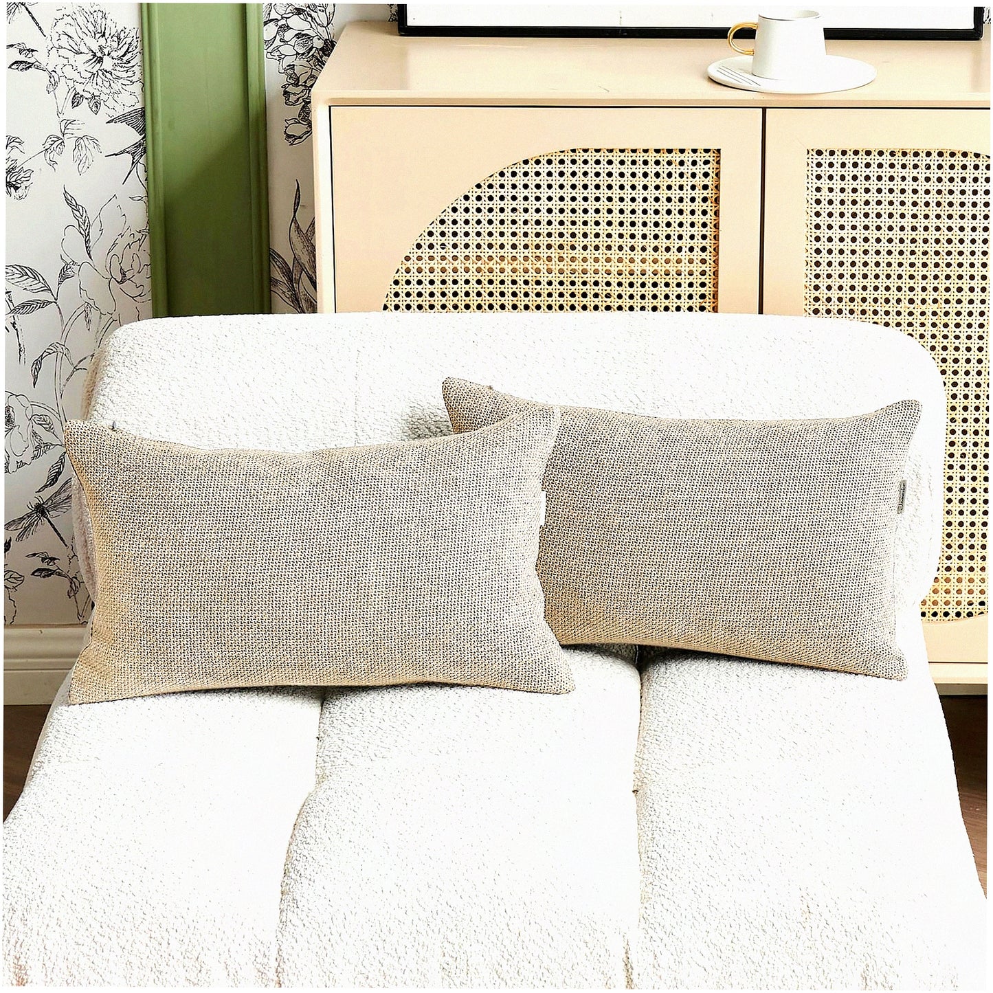 Linen Farmhouse Pillow Covers - Set of 2 Beige Rectangle Throw Pillowcases, Modern Decorative Solid Color 12x20 Inch