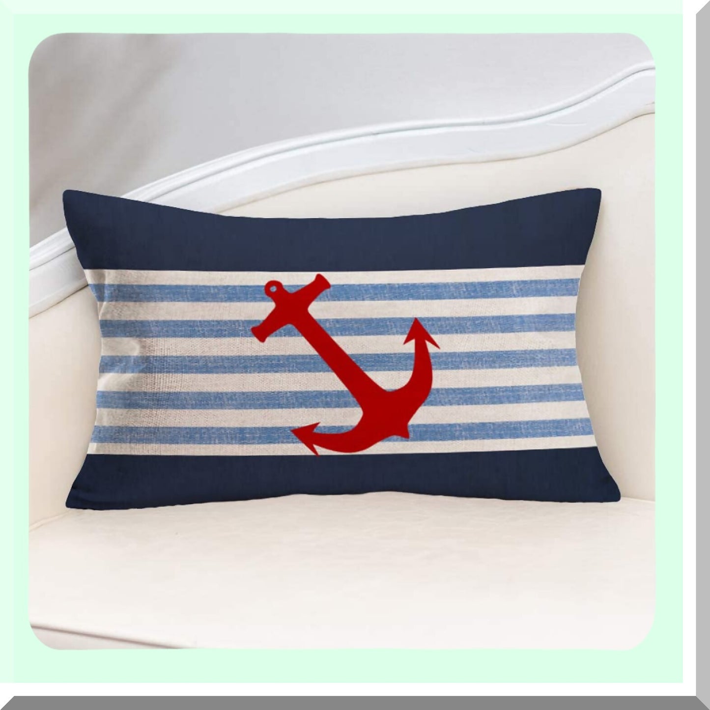 Nautical Summer Anchor Stripe Pillow Covers - Outdoor Beach Ocean Theme Cotton Linen Lumbar Cushion Case - Red Navy Blue Waist Throw Pillow Cover