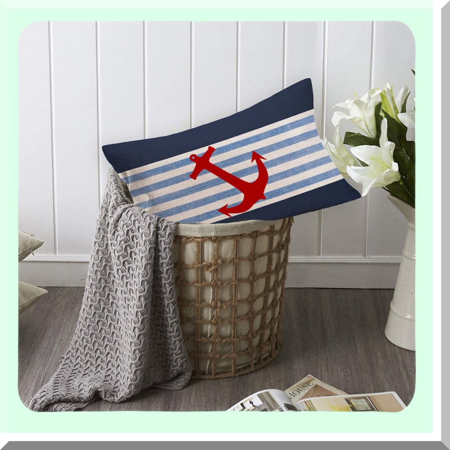 Nautical Summer Anchor Stripe Pillow Covers - Outdoor Beach Ocean Theme Cotton Linen Lumbar Cushion Case - Red Navy Blue Waist Throw Pillow Cover