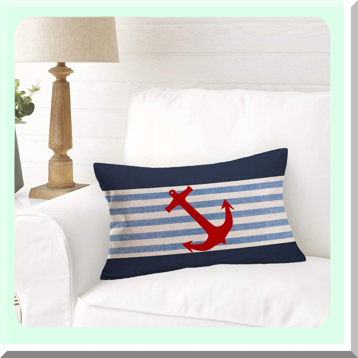 Nautical Summer Anchor Stripe Pillow Covers - Outdoor Beach Ocean Theme Cotton Linen Lumbar Cushion Case - Red Navy Blue Waist Throw Pillow Cover