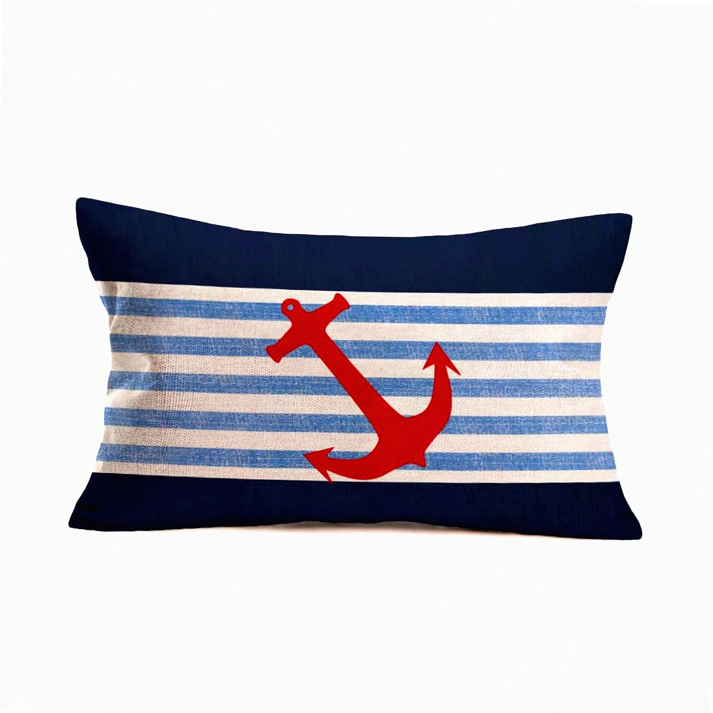 Nautical Summer Anchor Stripe Pillow Covers - Outdoor Beach Ocean Theme Cotton Linen Lumbar Cushion Case - Red Navy Blue Waist Throw Pillow Cover