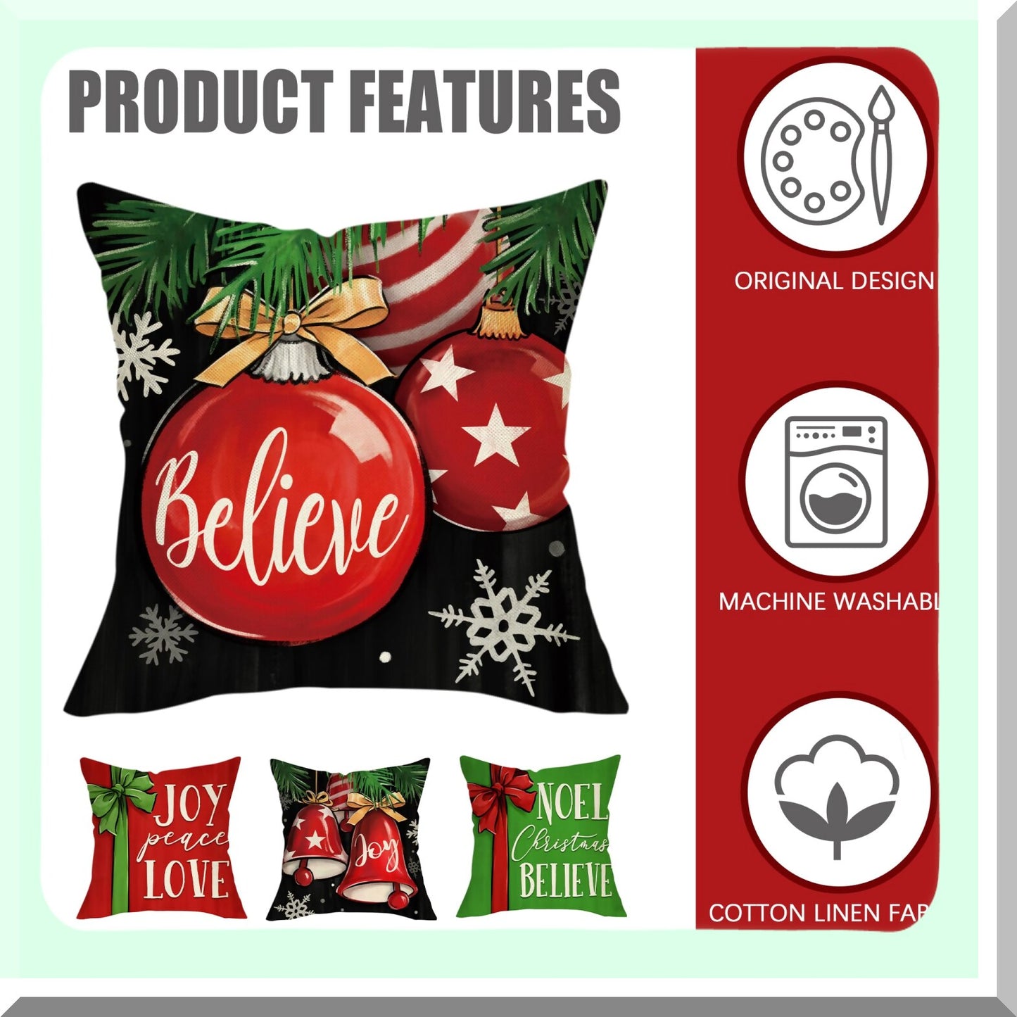 Winter Wonderland Holiday Pillow Cover Set - Festive Christmas Decorative Cushion Case Collection for Home, Patio, and Outdoor Use - 18x18 inches, Set of 4