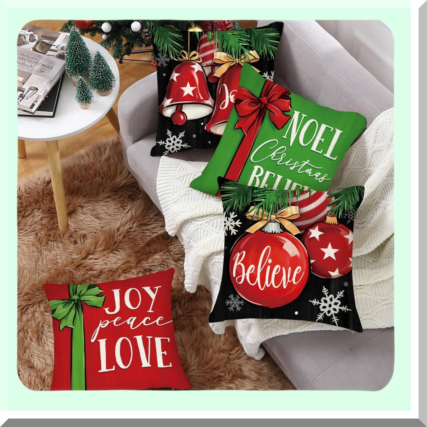 Winter Wonderland Holiday Pillow Cover Set - Festive Christmas Decorative Cushion Case Collection for Home, Patio, and Outdoor Use - 18x18 inches, Set of 4