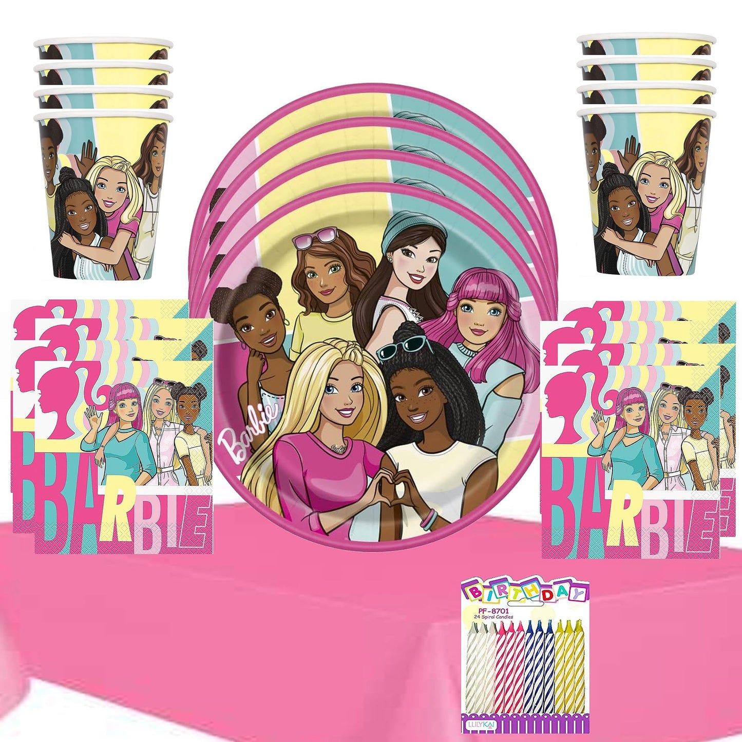 Party Time Essentials Pack: 16-Person Themed Tableware Set with Plates, Napkins, Cups, Table Cover, and Birthday Candles - Everything You Need for a Celebration!