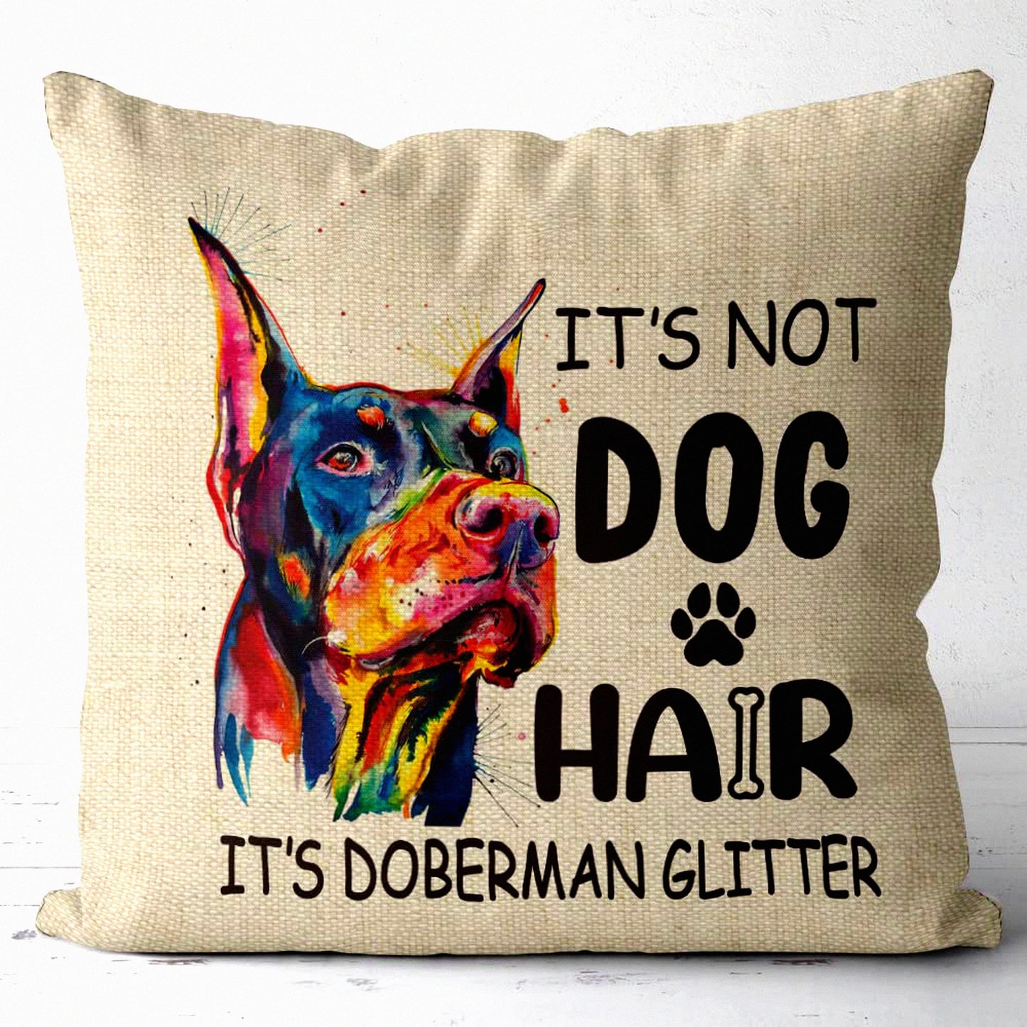 Heart Flax Dachshund Decor Pillow - 18x18 Inch Cotton Linen Cushion Cover for Sofa Couch Bed - Doberman Theme - Flax Design