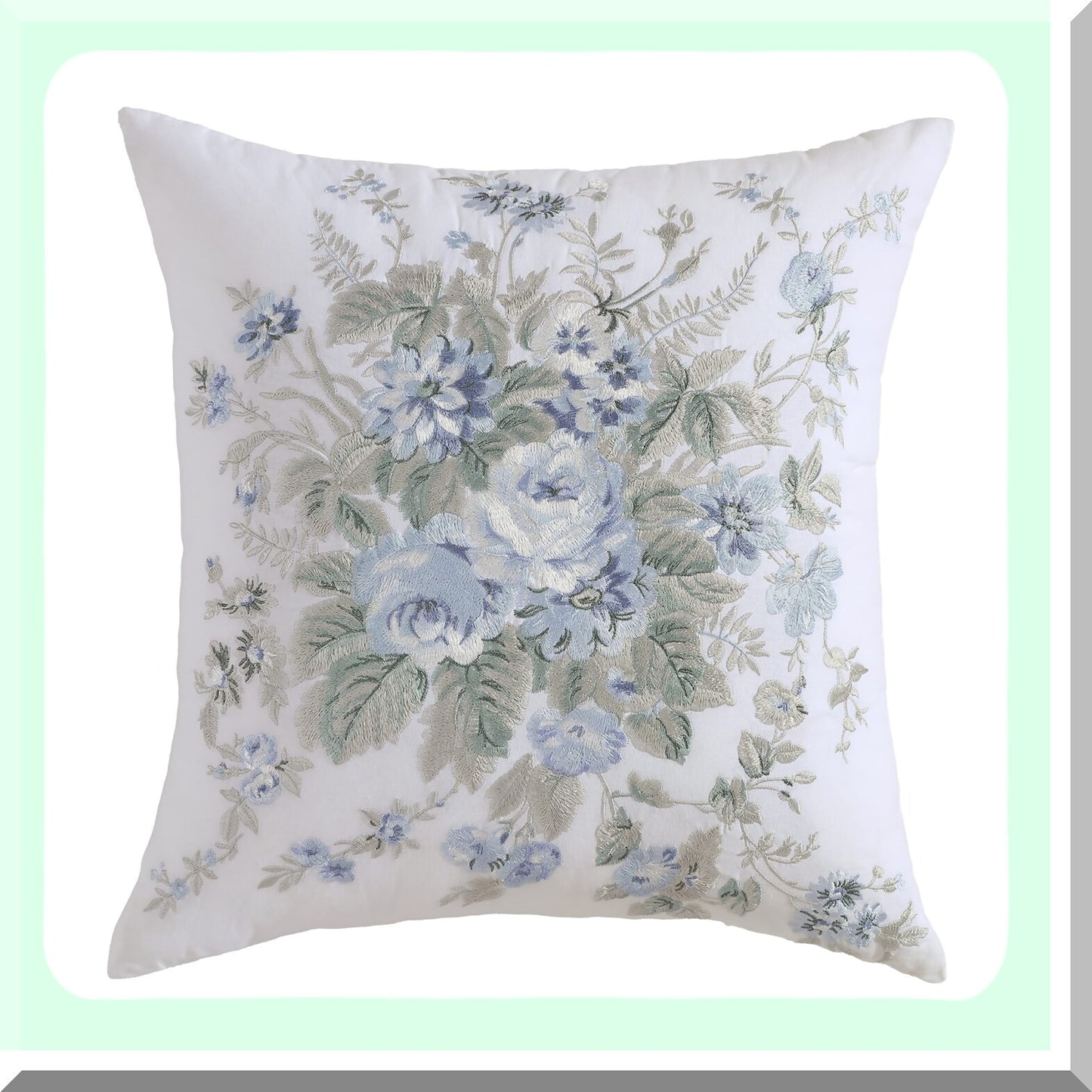 Floral Bliss Embroidered Cotton Throw Pillow - Hidden Zipper Bedding - Baily Blue Decor - 20" x 20"