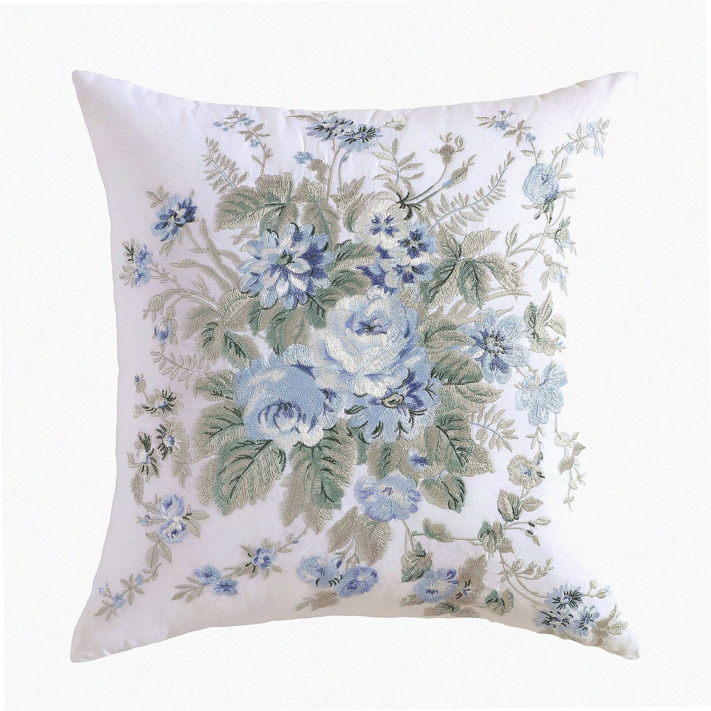 Floral Bliss Embroidered Cotton Throw Pillow - Hidden Zipper Bedding - Baily Blue Decor - 20" x 20"