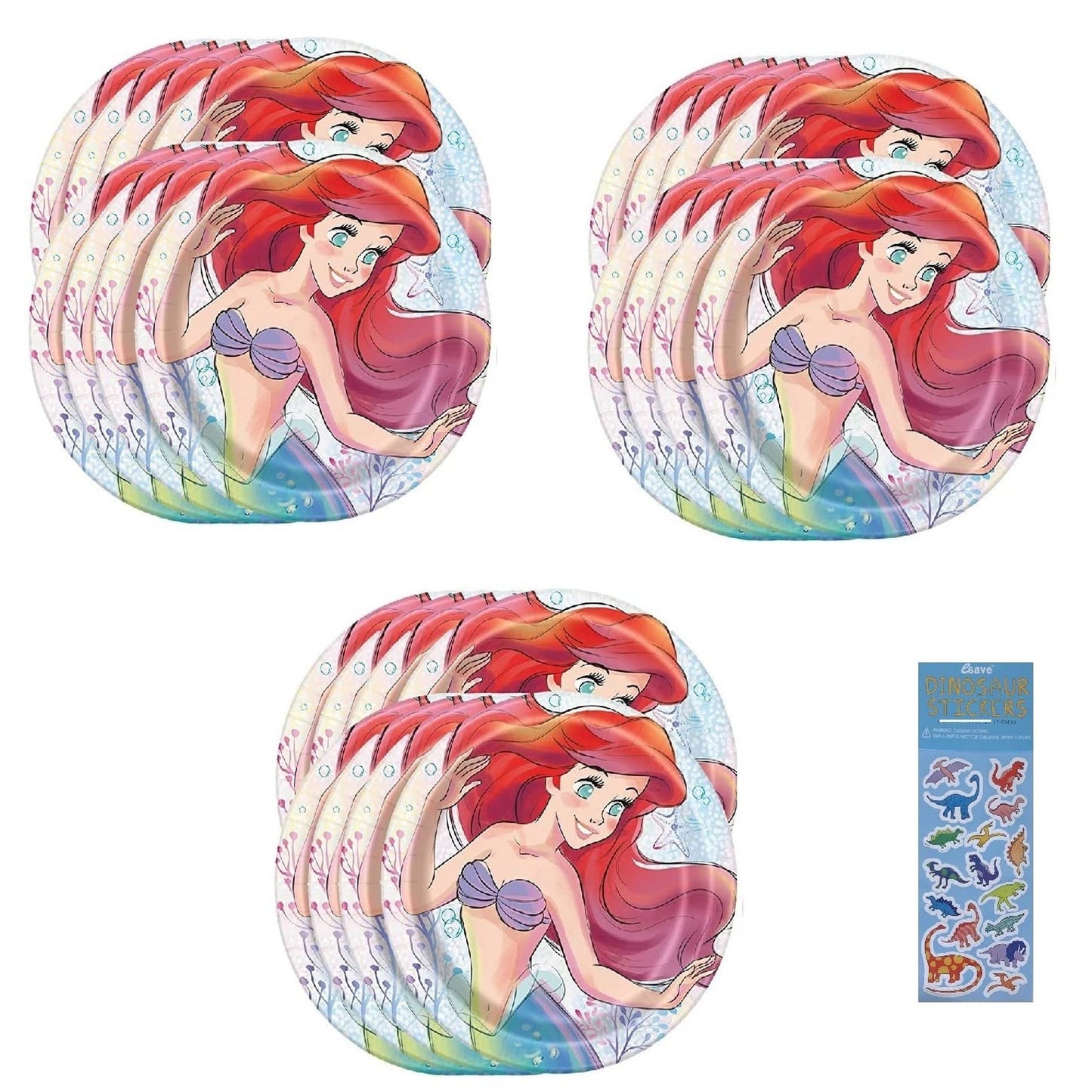 Mermaid Ariel Party Pack: 24 Lunch Plates & Dino Sticker Sheet - Underwater Adventure Supplies for Kids Birthday Celebration!