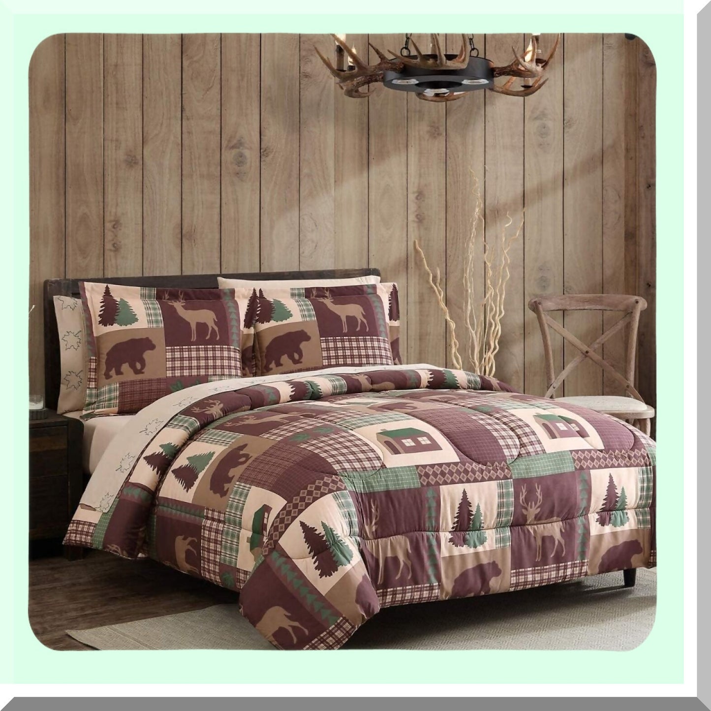 Rustic Patchwork Plaid Deer Queen Comforter Set - Cozy Cabin Bed-in-A-Bag with Microfiber Bedding, Deep Pockets, 7-Piece Sheet Set in Brown Tan Green