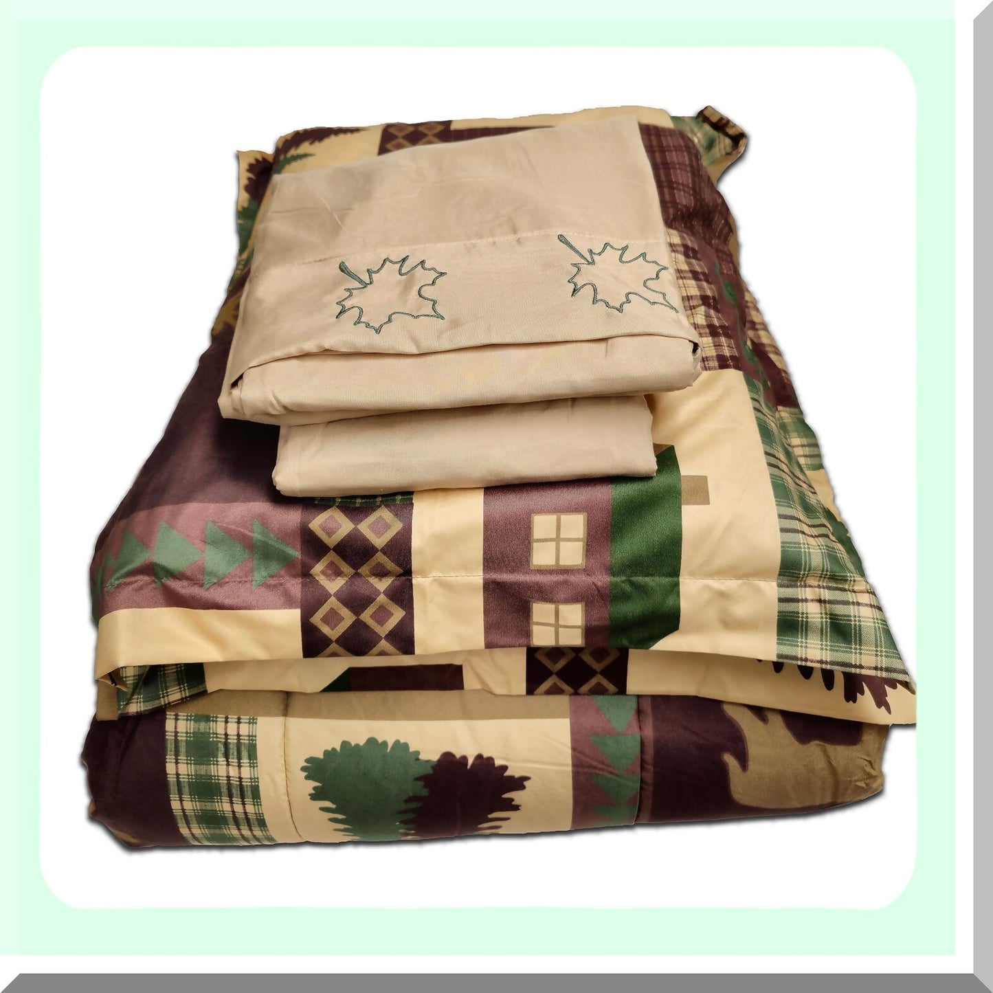 Rustic Patchwork Plaid Deer Queen Comforter Set - Cozy Cabin Bed-in-A-Bag with Microfiber Bedding, Deep Pockets, 7-Piece Sheet Set in Brown Tan Green