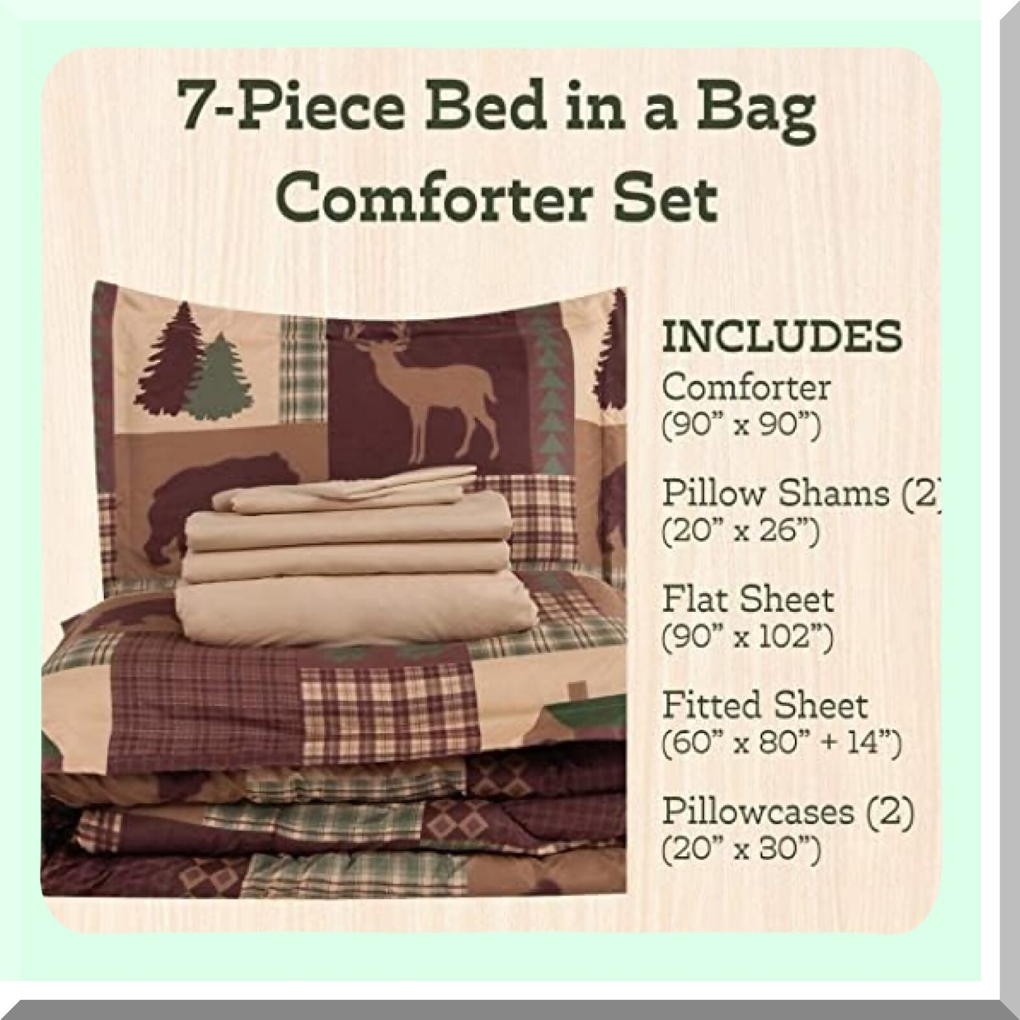 Rustic Patchwork Plaid Deer Queen Comforter Set - Cozy Cabin Bed-in-A-Bag with Microfiber Bedding, Deep Pockets, 7-Piece Sheet Set in Brown Tan Green