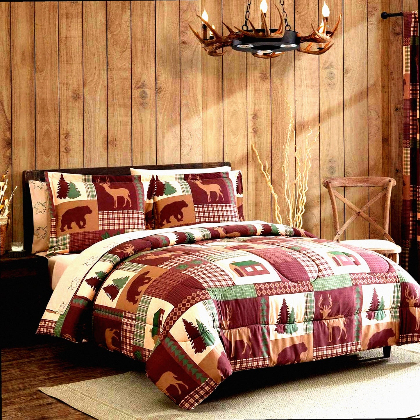 Rustic Patchwork Plaid Deer Queen Comforter Set - Cozy Cabin Bed-in-A-Bag with Microfiber Bedding, Deep Pockets, 7-Piece Sheet Set in Brown Tan Green