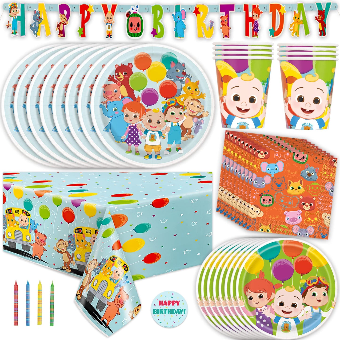 Cocomelon Party Pack - Complete Set for 16 Guests with Banner, Table Cover, Plates, Napkins, Cups, and Sticker - Birthday Party Supplies and Decorations