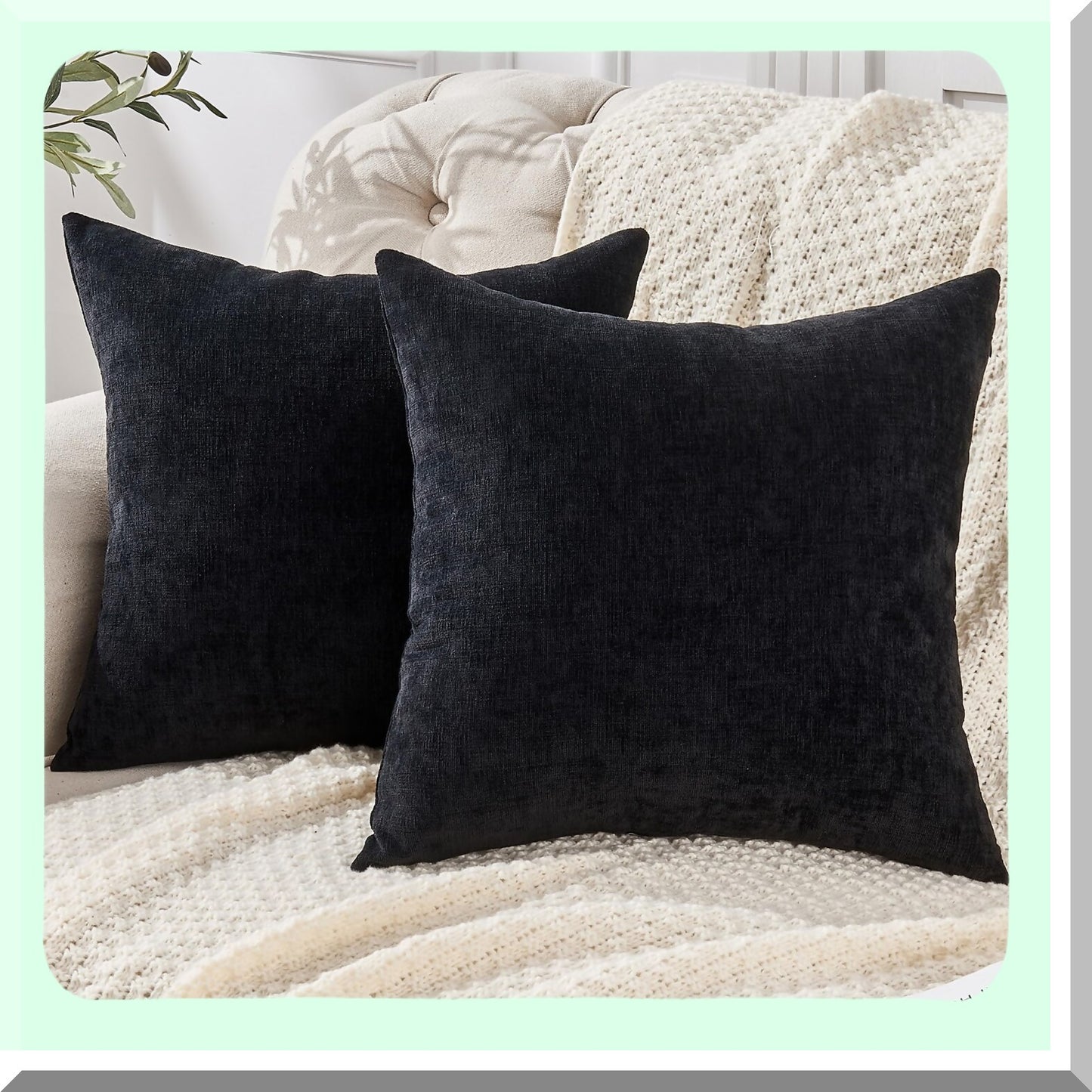Chenille Farmhouse Square Pillow Covers Set - Soft Decorative Cushion Case for Living Room Sofa Couch - Fall Black Pillowcase 22x22 Inch (2 Pack)