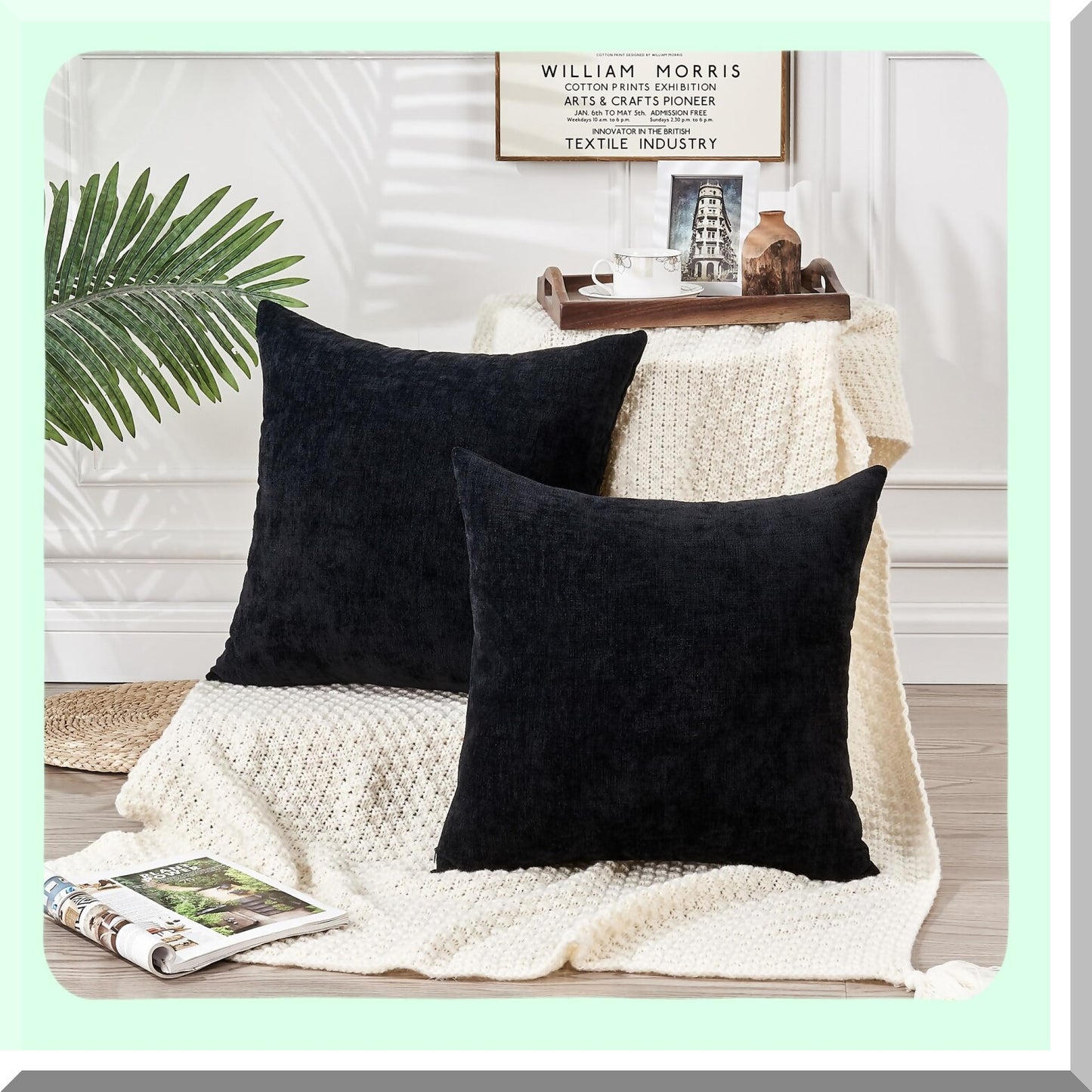 Chenille Farmhouse Square Pillow Covers Set - Soft Decorative Cushion Case for Living Room Sofa Couch - Fall Black Pillowcase 22x22 Inch (2 Pack)