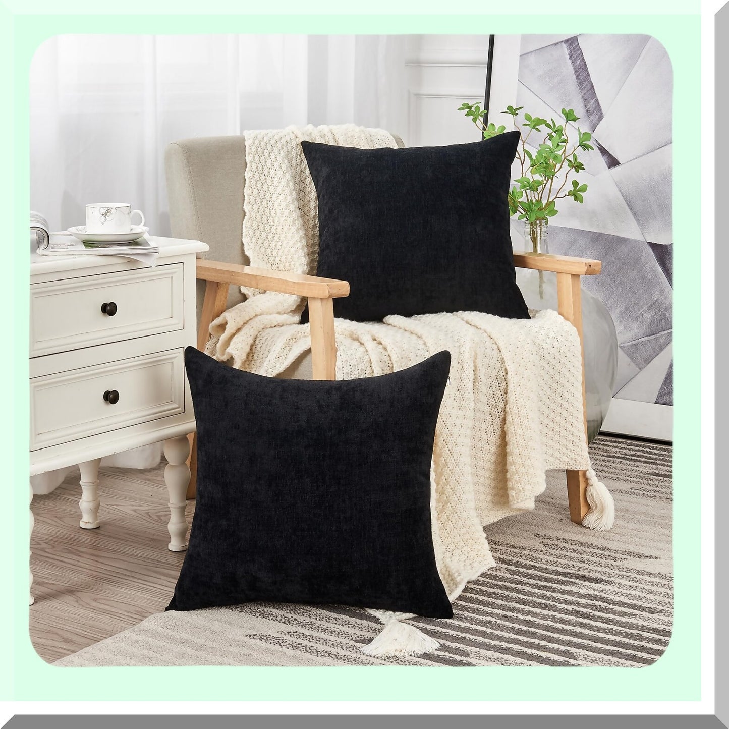 Chenille Farmhouse Square Pillow Covers Set - Soft Decorative Cushion Case for Living Room Sofa Couch - Fall Black Pillowcase 22x22 Inch (2 Pack)