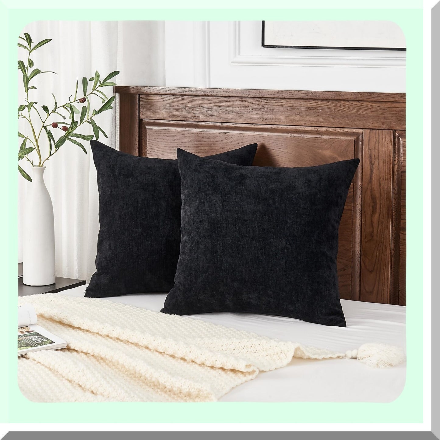Chenille Farmhouse Square Pillow Covers Set - Soft Decorative Cushion Case for Living Room Sofa Couch - Fall Black Pillowcase 22x22 Inch (2 Pack)
