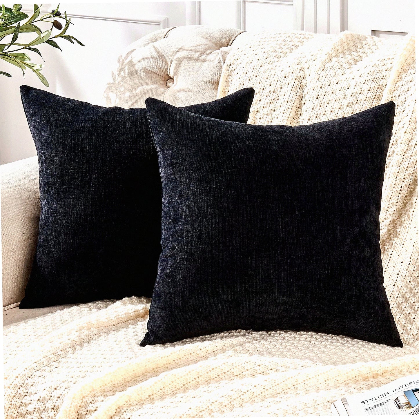Chenille Farmhouse Square Pillow Covers Set - Soft Decorative Cushion Case for Living Room Sofa Couch - Fall Black Pillowcase 22x22 Inch (2 Pack)