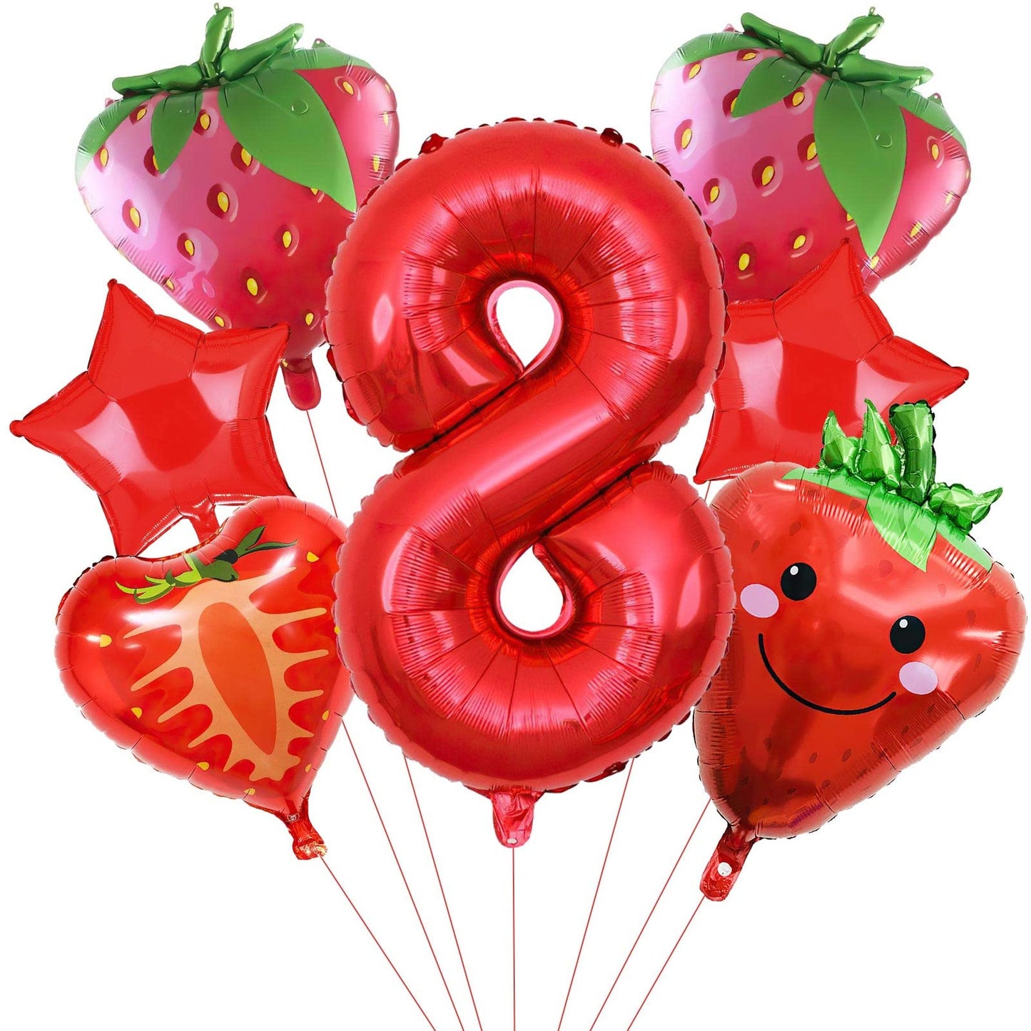 Strawberry Burst Balloon Set - 7pc Sweet Strawberry Birthday Number Mylar Balloon Kit for Strawberry Party Decorations and 8th Birthday Celebration ????