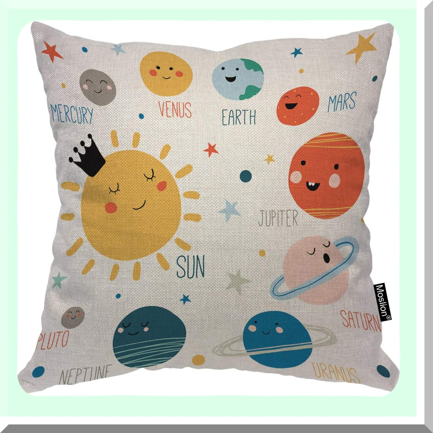 Cartoon Solar System Smile Decorative Pillow Cover - 16x16 Inch Red Square Cushion Case for Sofa Bed - Moon Earth Mars Pluto Jupiter Stars