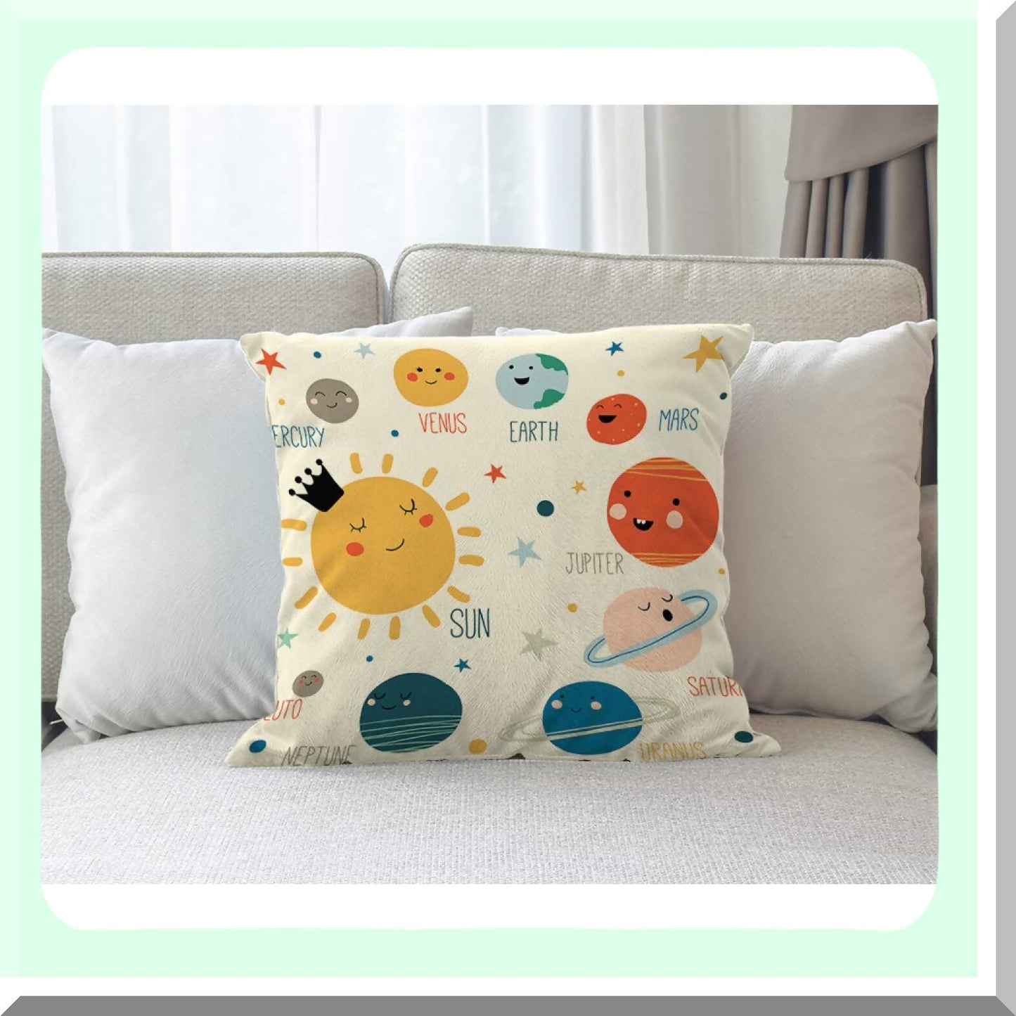 Cartoon Solar System Smile Decorative Pillow Cover - 16x16 Inch Red Square Cushion Case for Sofa Bed - Moon Earth Mars Pluto Jupiter Stars