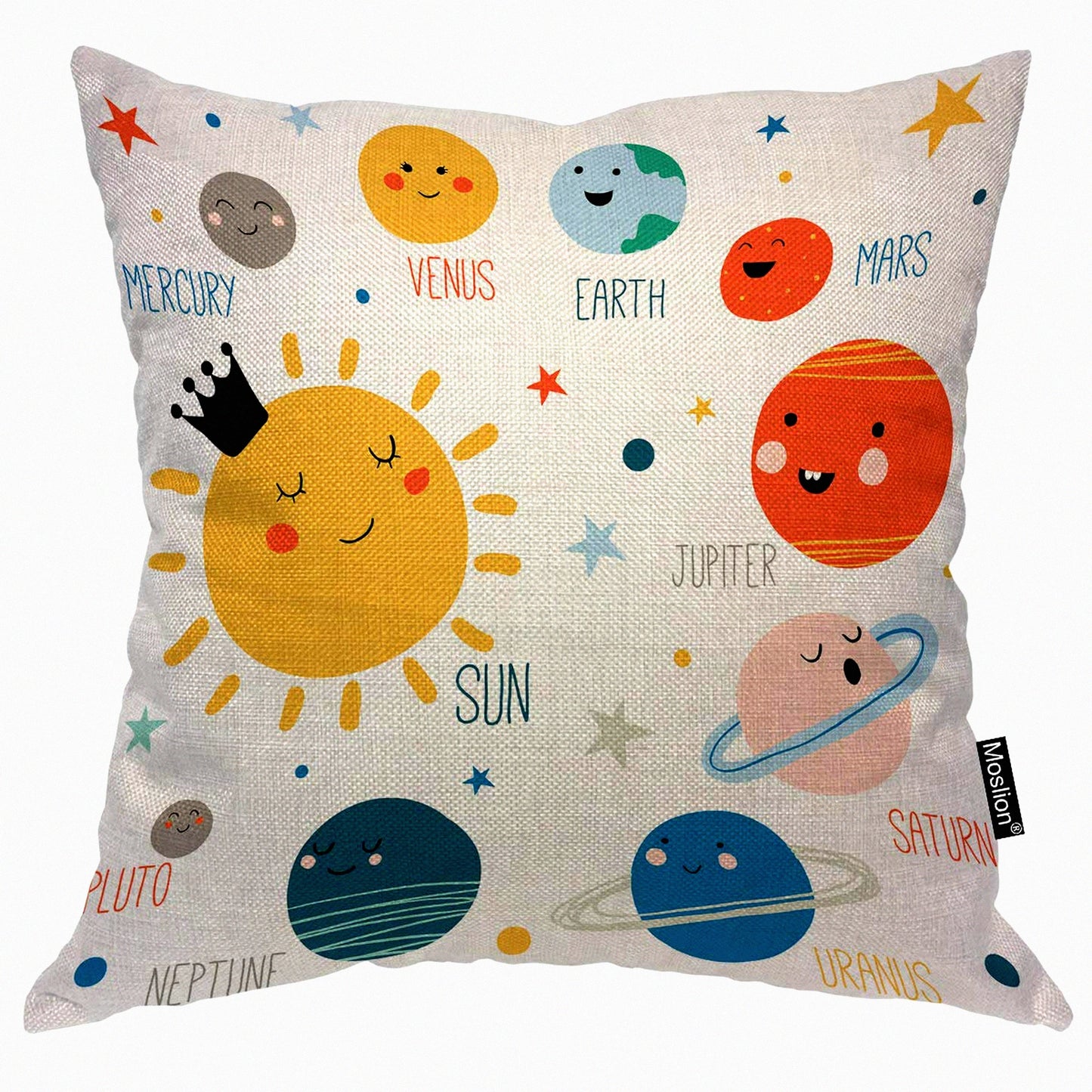 Cartoon Solar System Smile Decorative Pillow Cover - 16x16 Inch Red Square Cushion Case for Sofa Bed - Moon Earth Mars Pluto Jupiter Stars