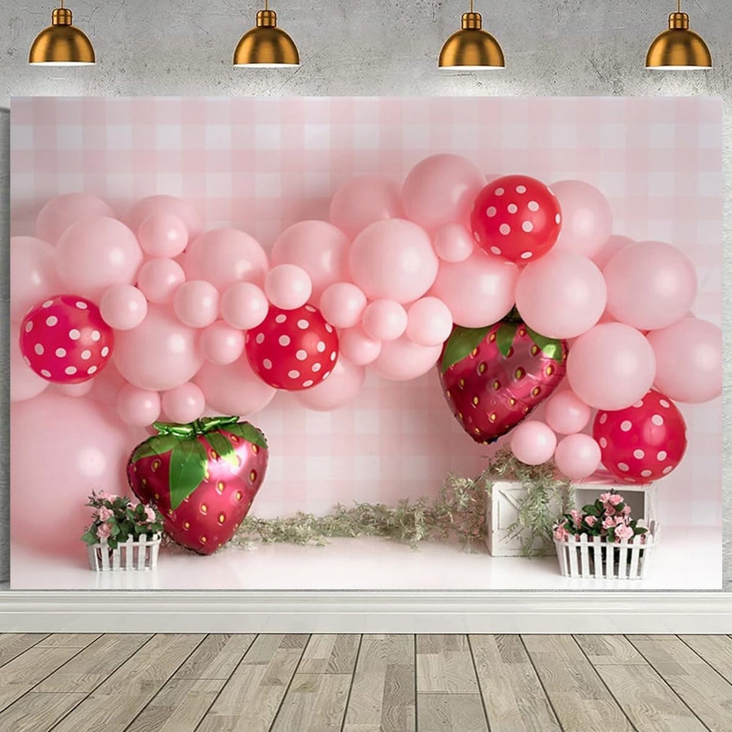 Strawberry Sweet Celebration Party Pack - Pink Balloons Photography Background for Girls Birthday, Baby Shower, Cake Smash - 8X6FT Banner & Decor
