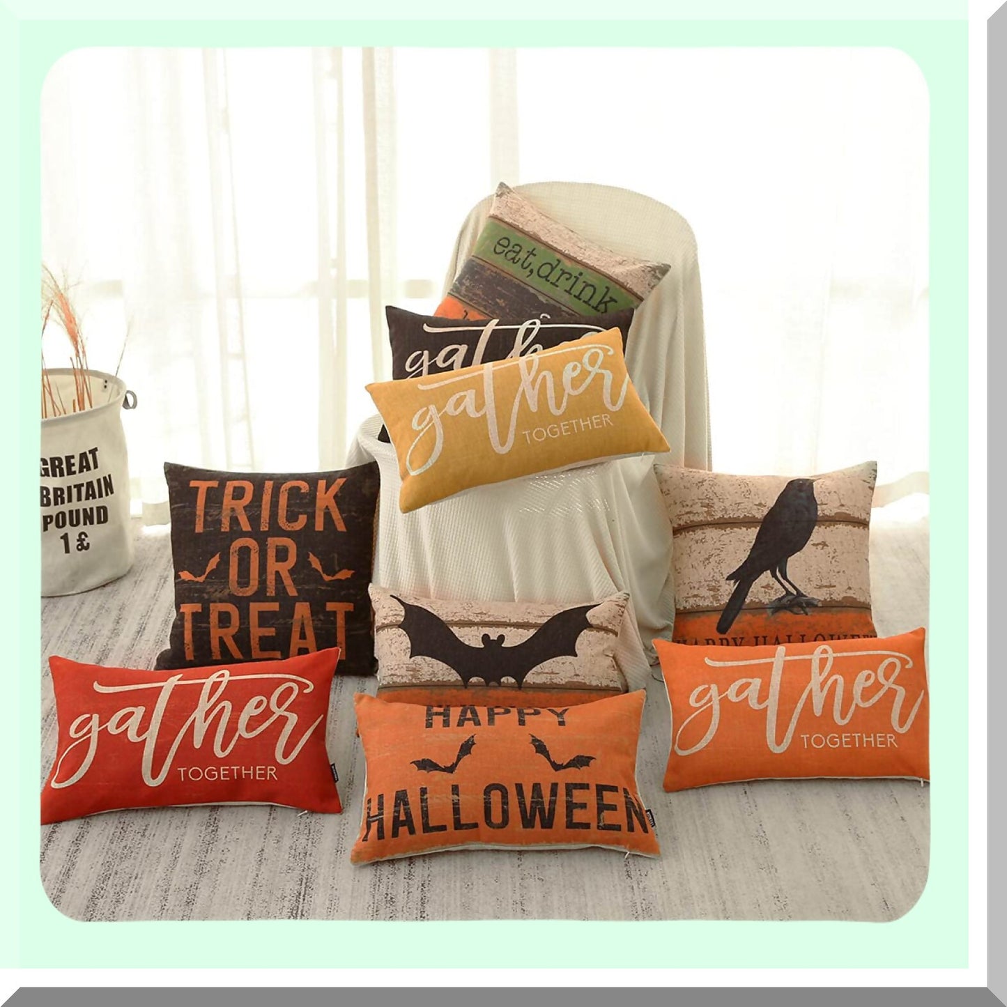 Orange Black Green Linen Throw Pillow Cover - Eat Drink Be Cushion Case - 18x18 Inch Sofa Bed Decoration