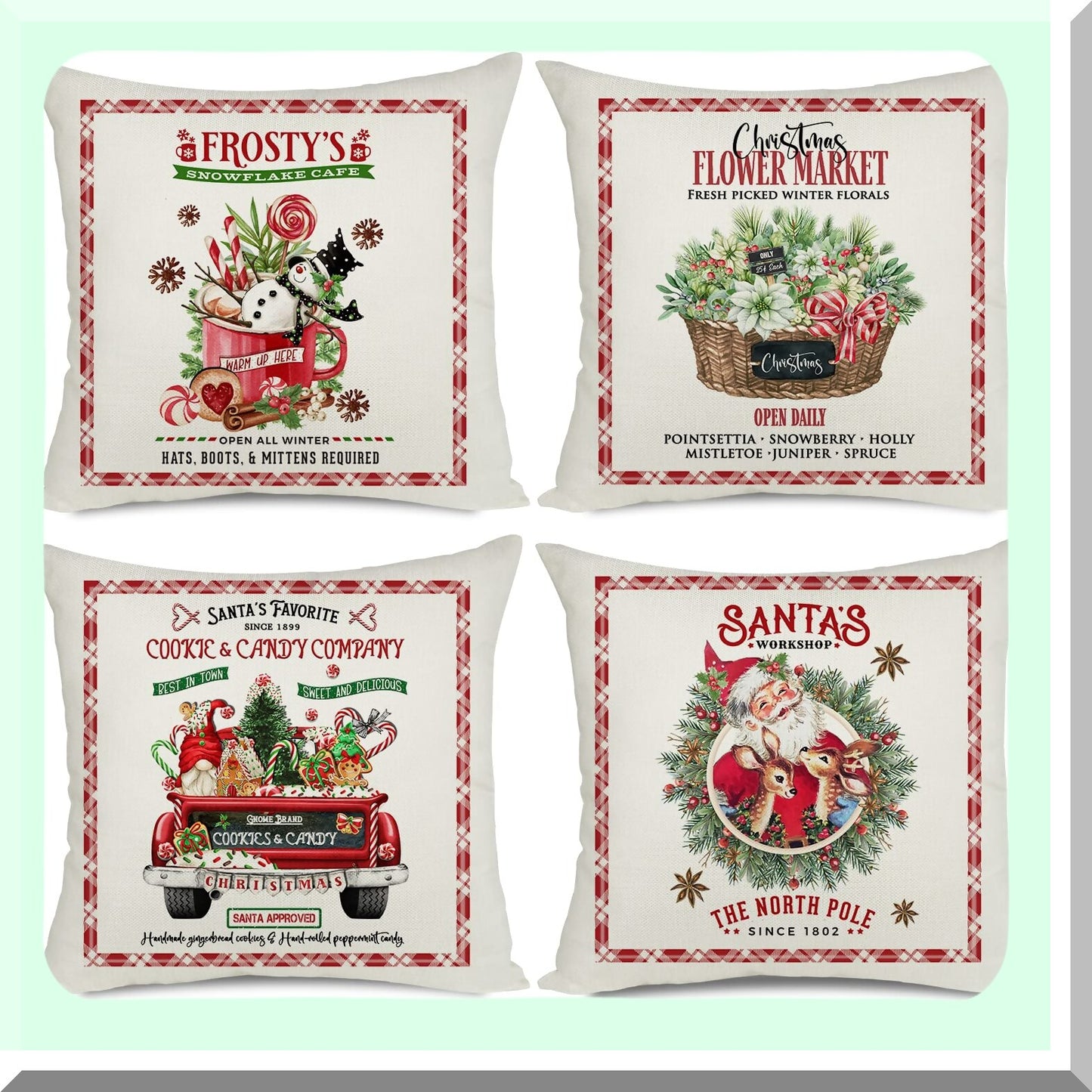 Holiday Cheer Pillow Covers - Set of 4, Festive Deer Snowman Cookie Candy Flower Design, 20x20 Throw Pillows for Couch Sofa Decorations