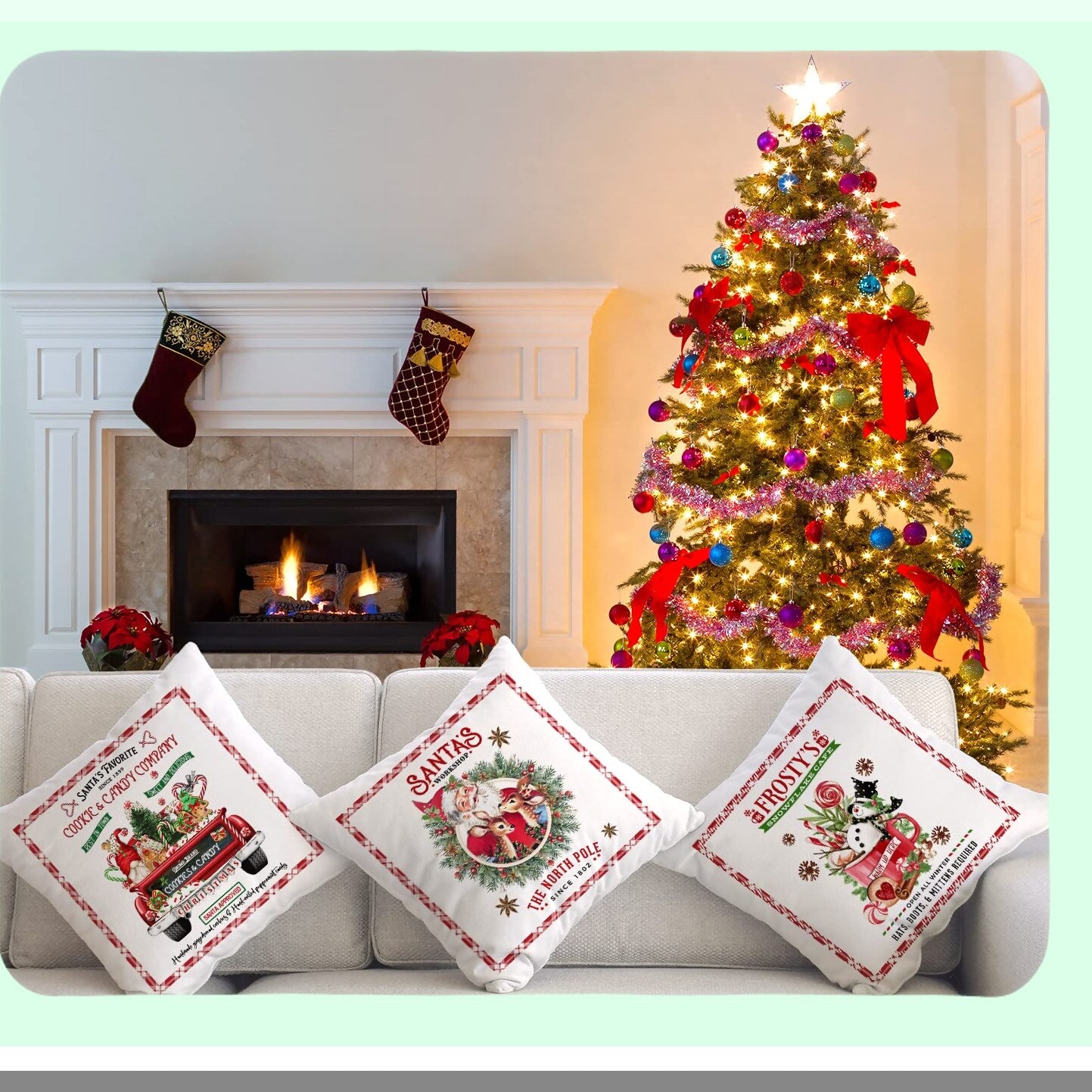 Holiday Cheer Pillow Covers - Set of 4, Festive Deer Snowman Cookie Candy Flower Design, 20x20 Throw Pillows for Couch Sofa Decorations