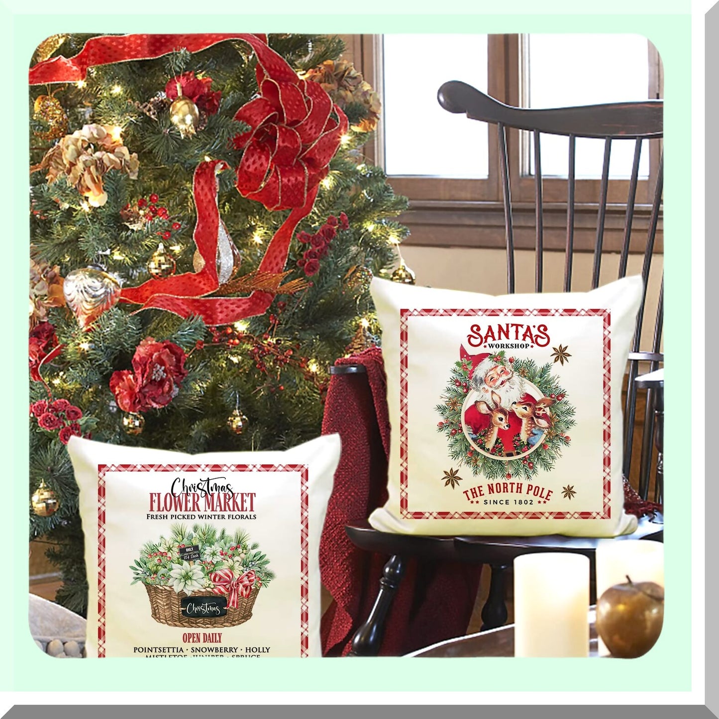 Holiday Cheer Pillow Covers - Set of 4, Festive Deer Snowman Cookie Candy Flower Design, 20x20 Throw Pillows for Couch Sofa Decorations