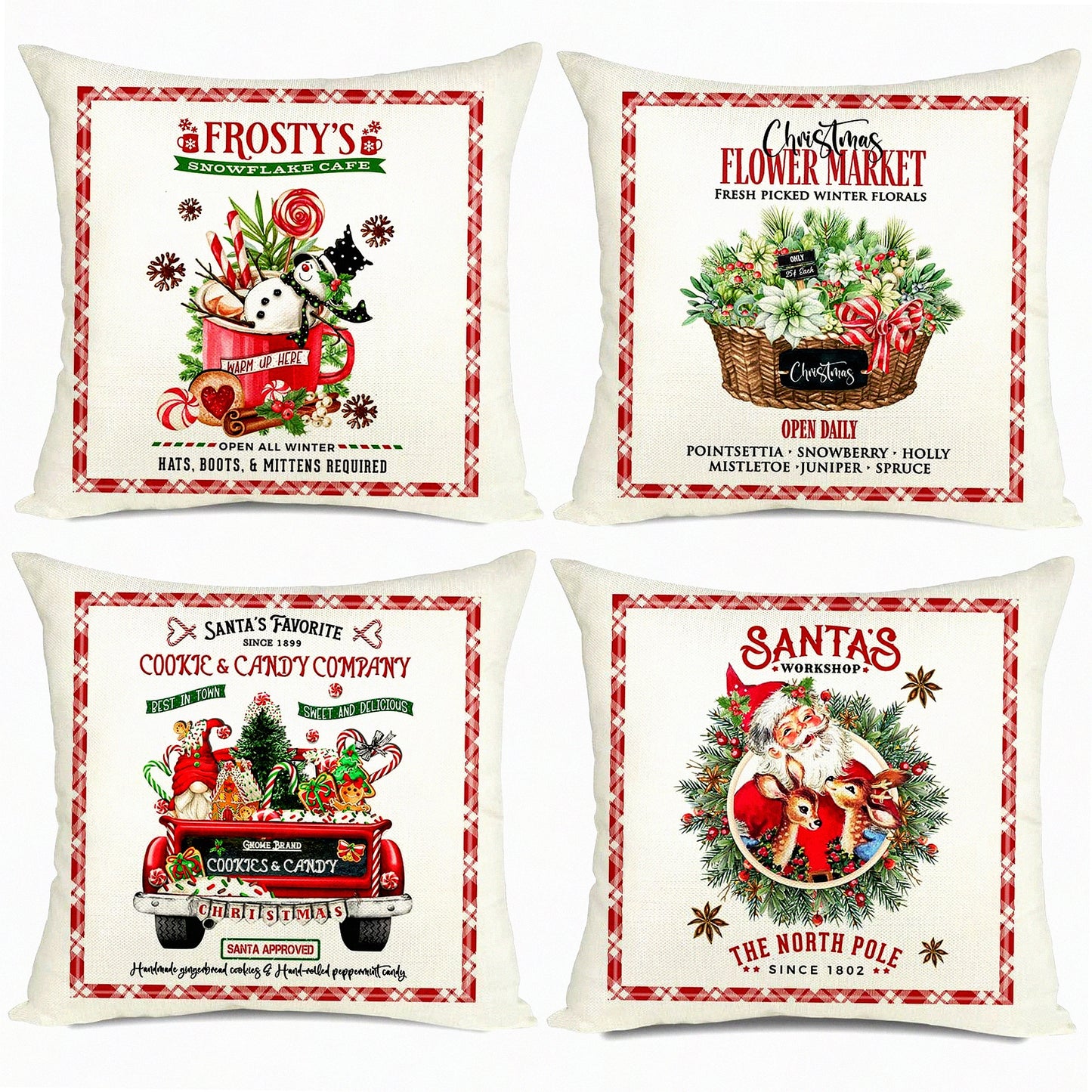 Holiday Cheer Pillow Covers - Set of 4, Festive Deer Snowman Cookie Candy Flower Design, 20x20 Throw Pillows for Couch Sofa Decorations