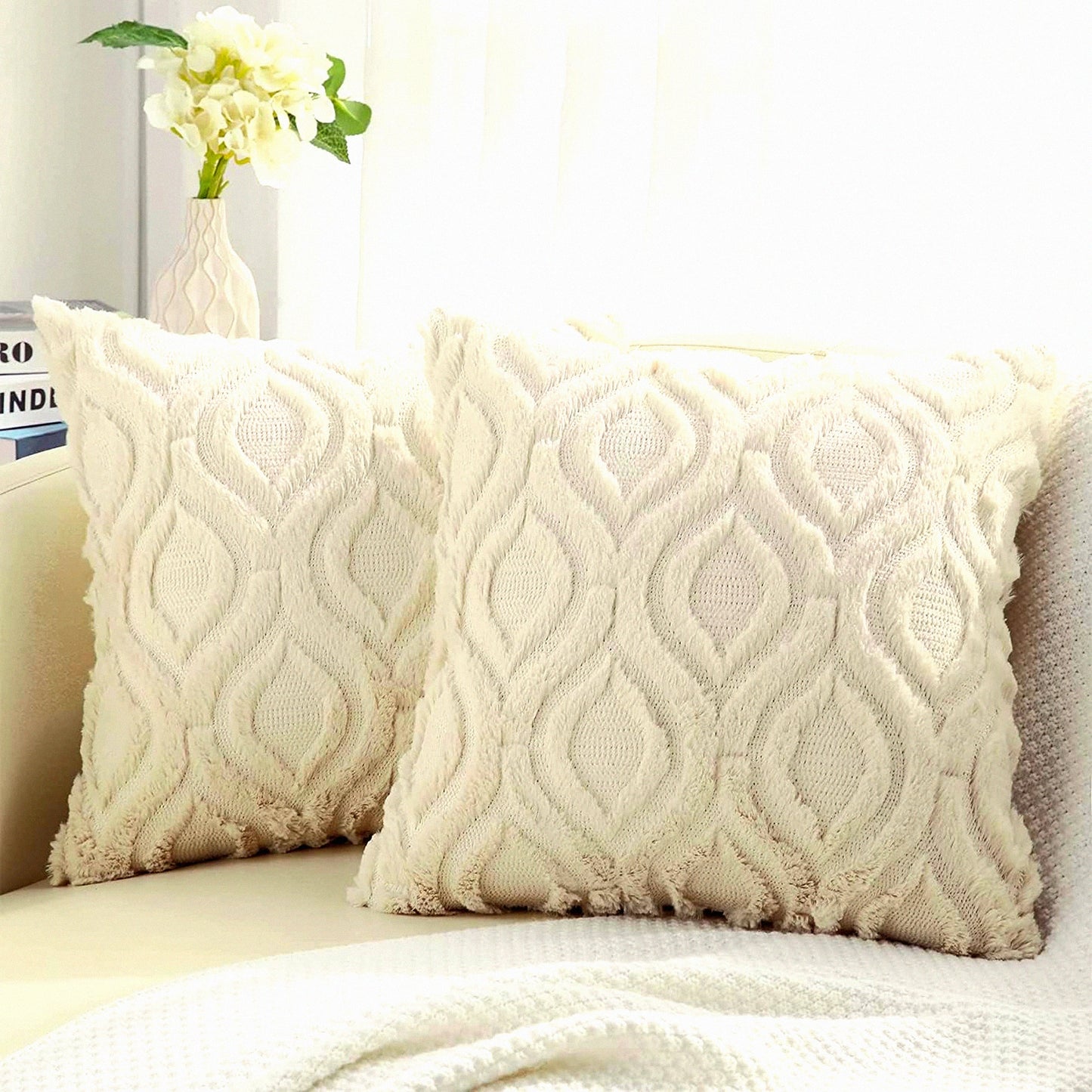 Plush Woolen Home Decor Pillow Covers - Set of 2 Beige 18x18 - Soft Couch Cushion Covers - Stylish Throw Pillow Cases for Living Room