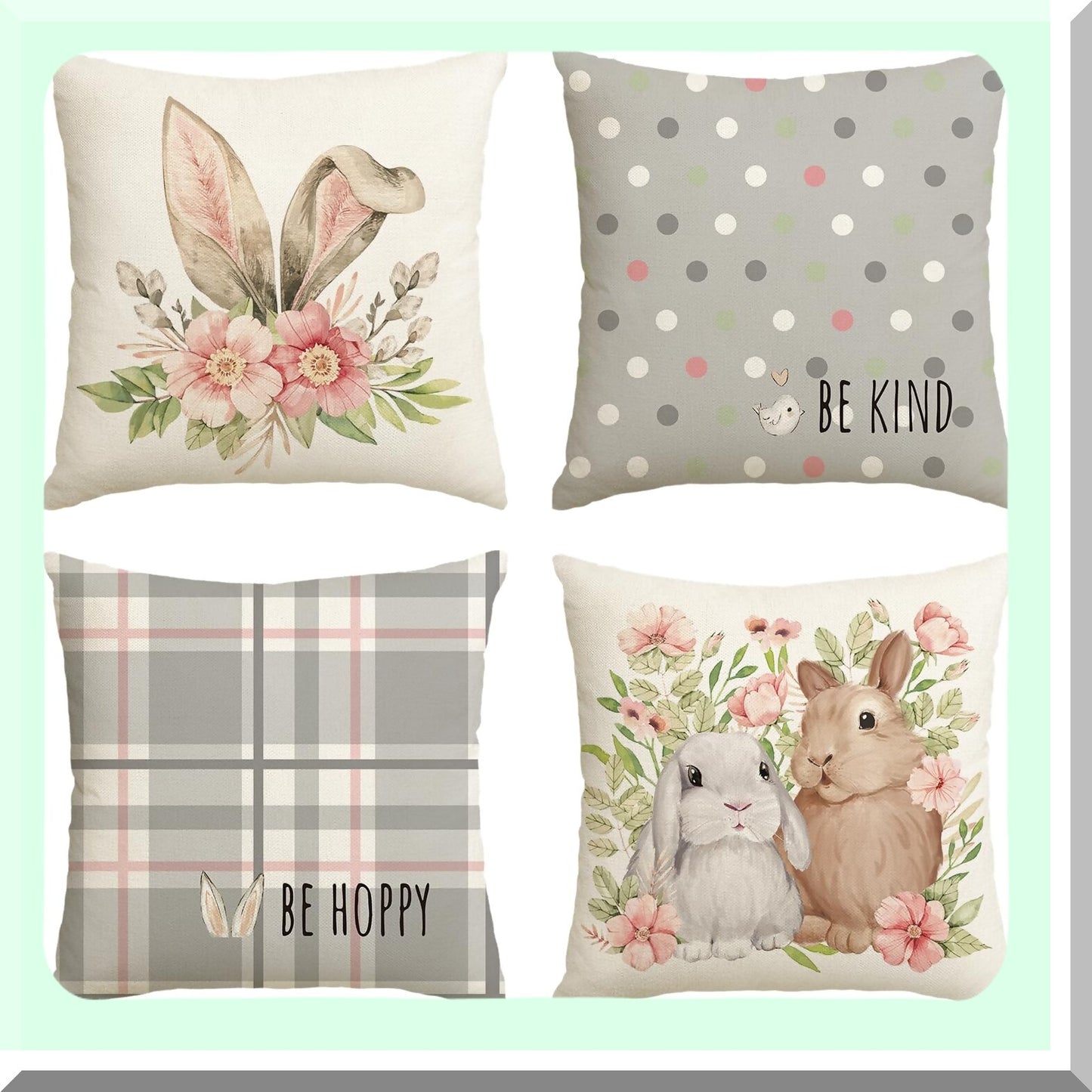 Hoppy Plaid Bird Kind Throw Pillow Set - Rabbit Flower Buffalo Gray Cushion Cover 18x18 Inch Polka Dot Sofa Couch Decoration Case