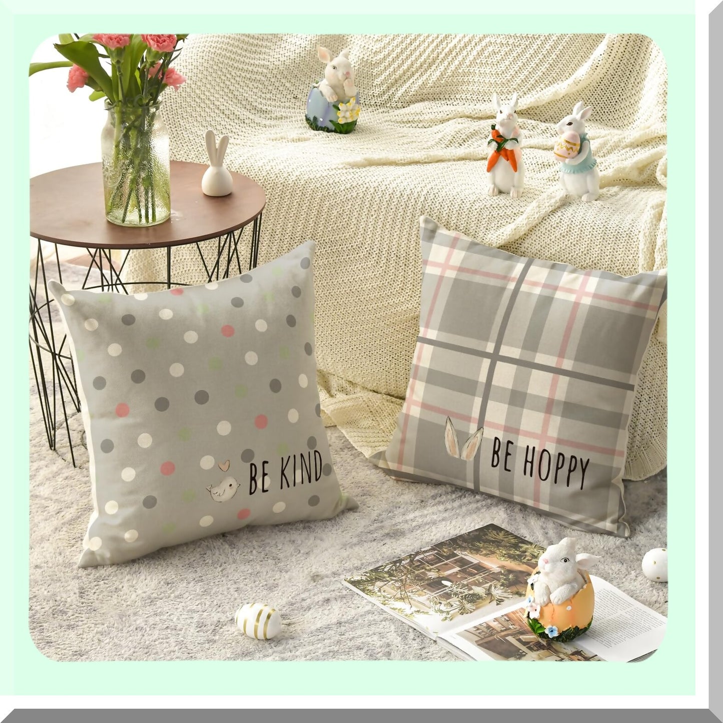 Hoppy Plaid Bird Kind Throw Pillow Set - Rabbit Flower Buffalo Gray Cushion Cover 18x18 Inch Polka Dot Sofa Couch Decoration Case